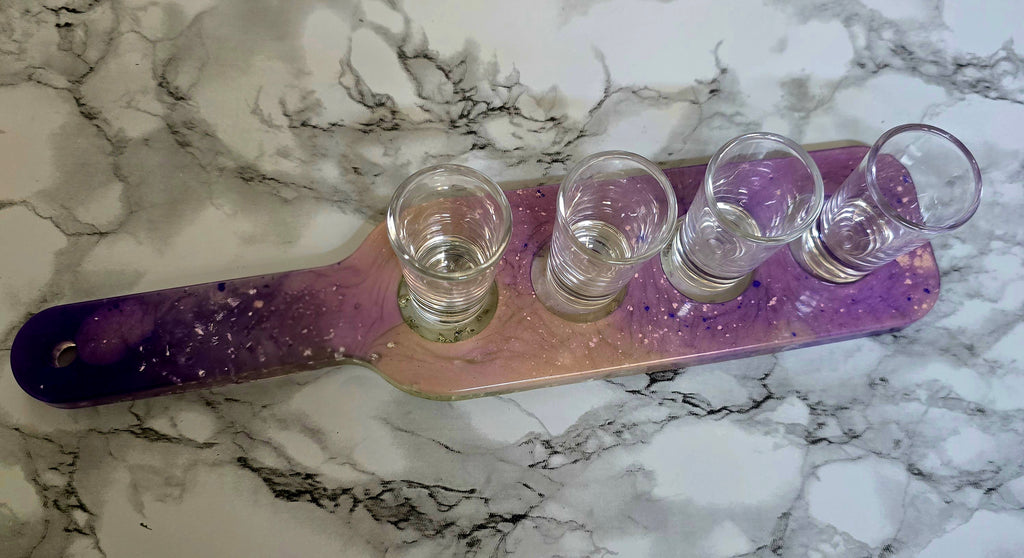 Handmade Epoxy Resin Shot Glass Holder with 4 Glass Shot Glasses – 34 cm