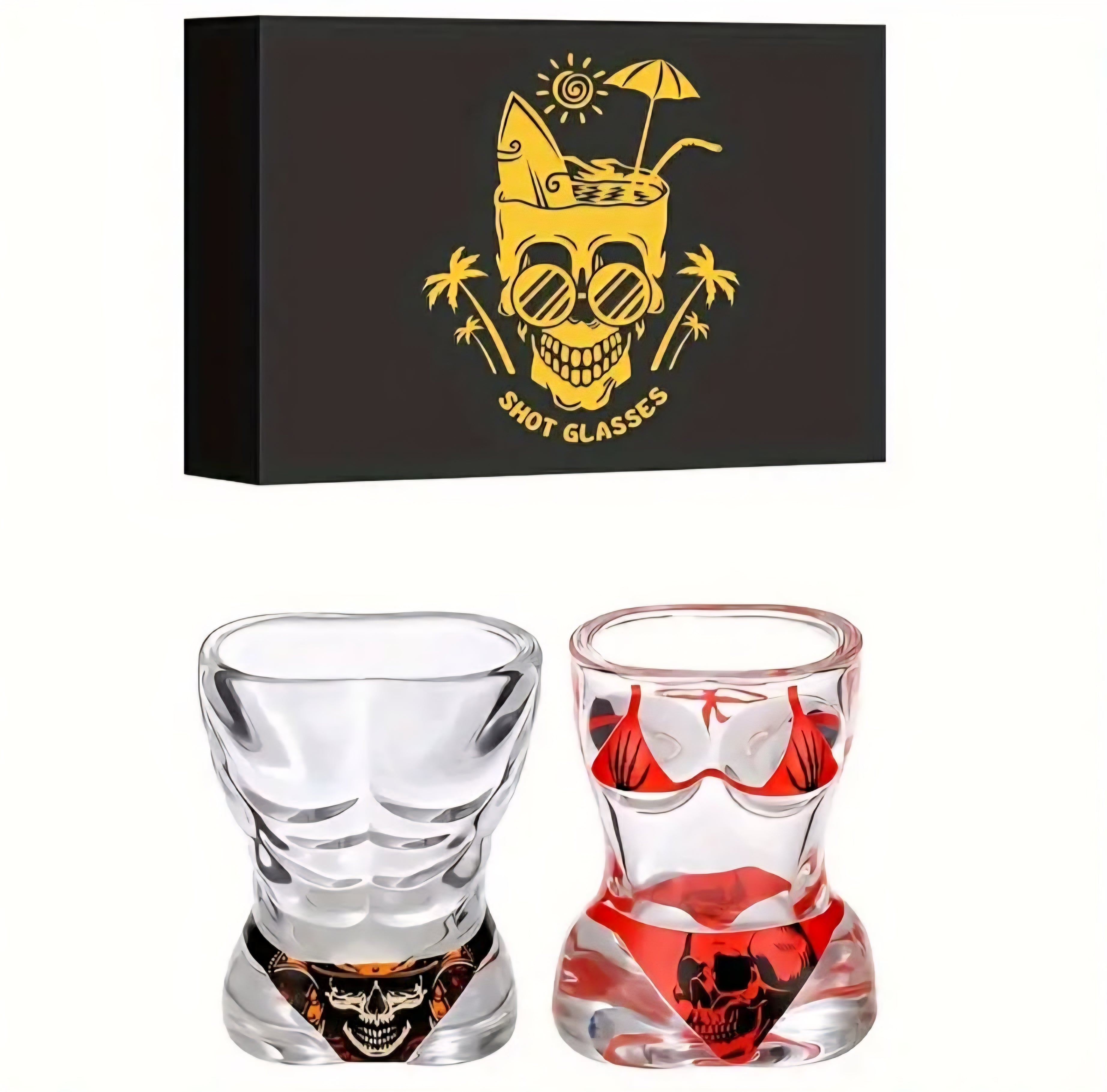 Reusable Glass Shot Glasses Set – Muscle Man & Bikini Skull Design, 30ml, Set of 2