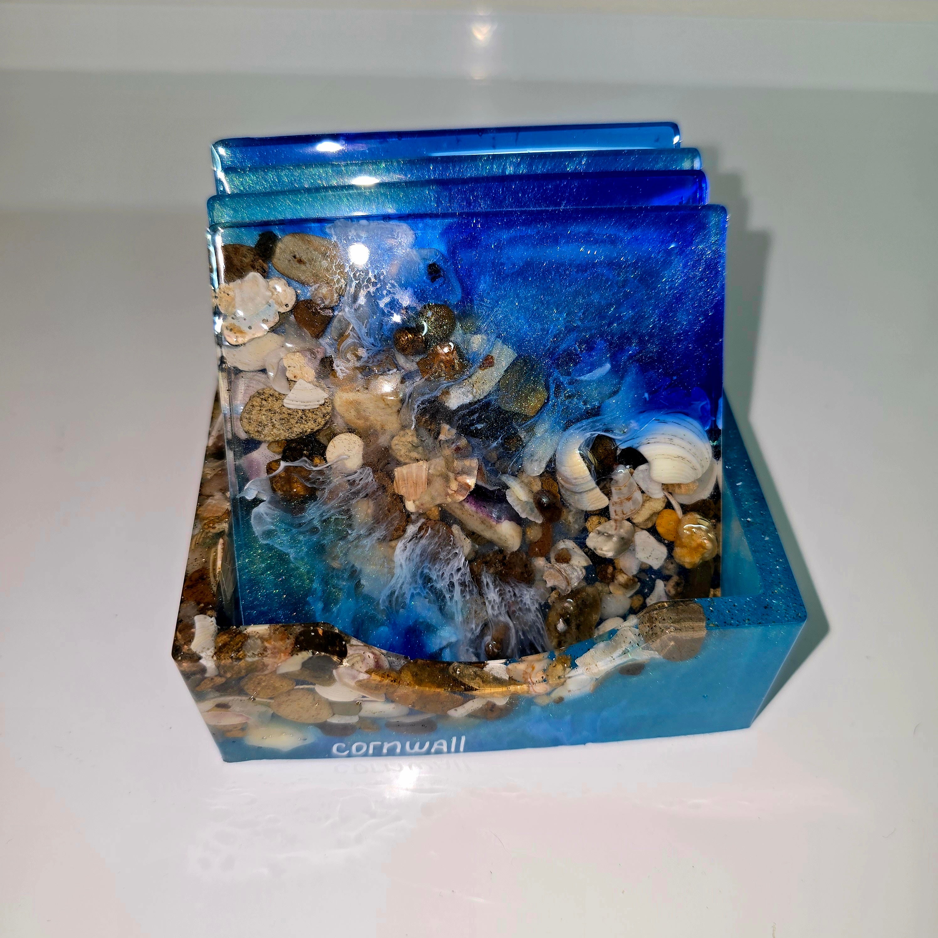 Handmade Resin Coaster Set with Holder – Ocean & Pebble Design (Set of 4)