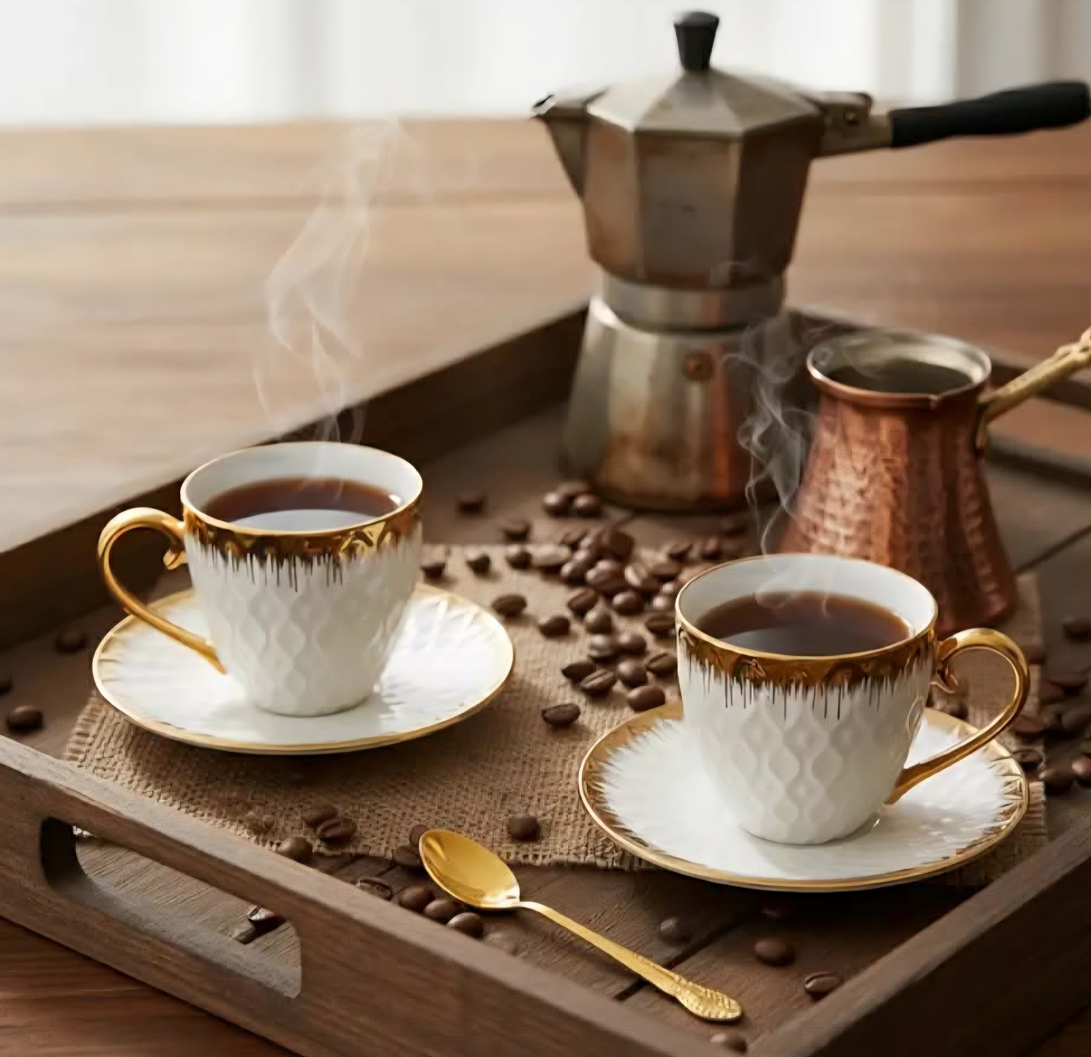 Luxury Porcelain Coffee Set – 6 Elegant Cups with Gold Accents