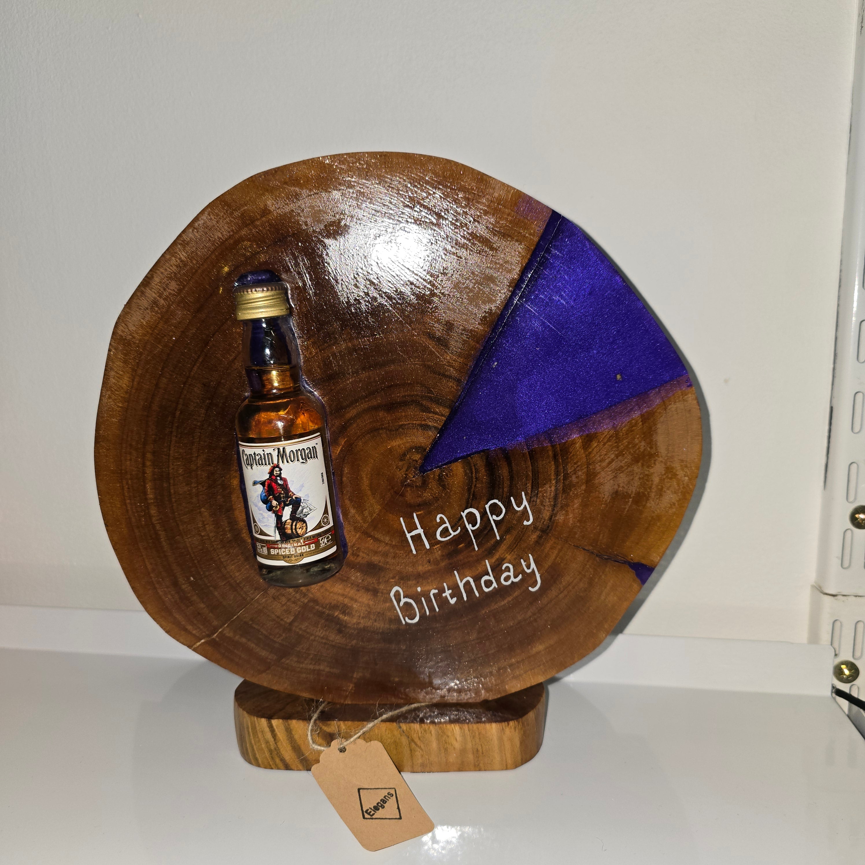 Handmade Wood & Epoxy Birthday Decor with Sealed Alcohol Bottle – Unique Display Gift (24 cm)