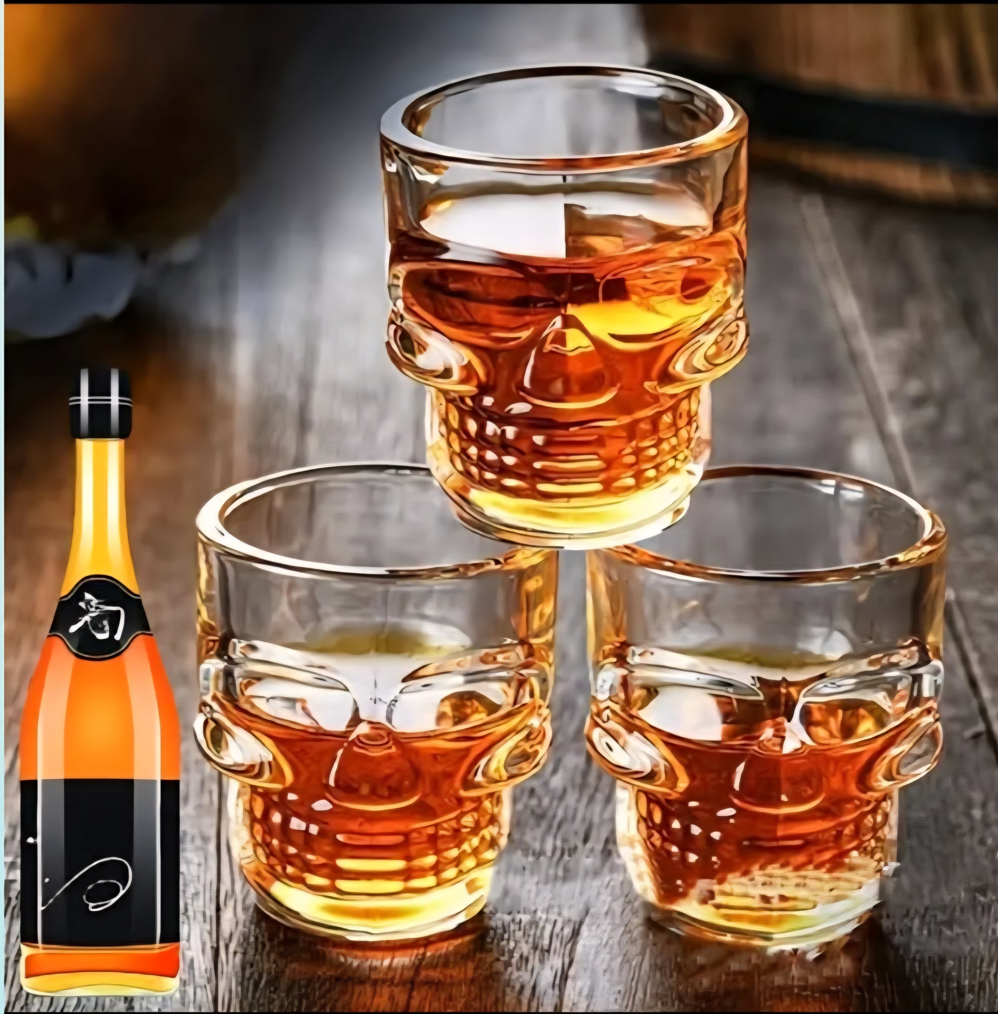 Skull Glass Bottle Set with 3 Skull Shot Glasses – 320 ml