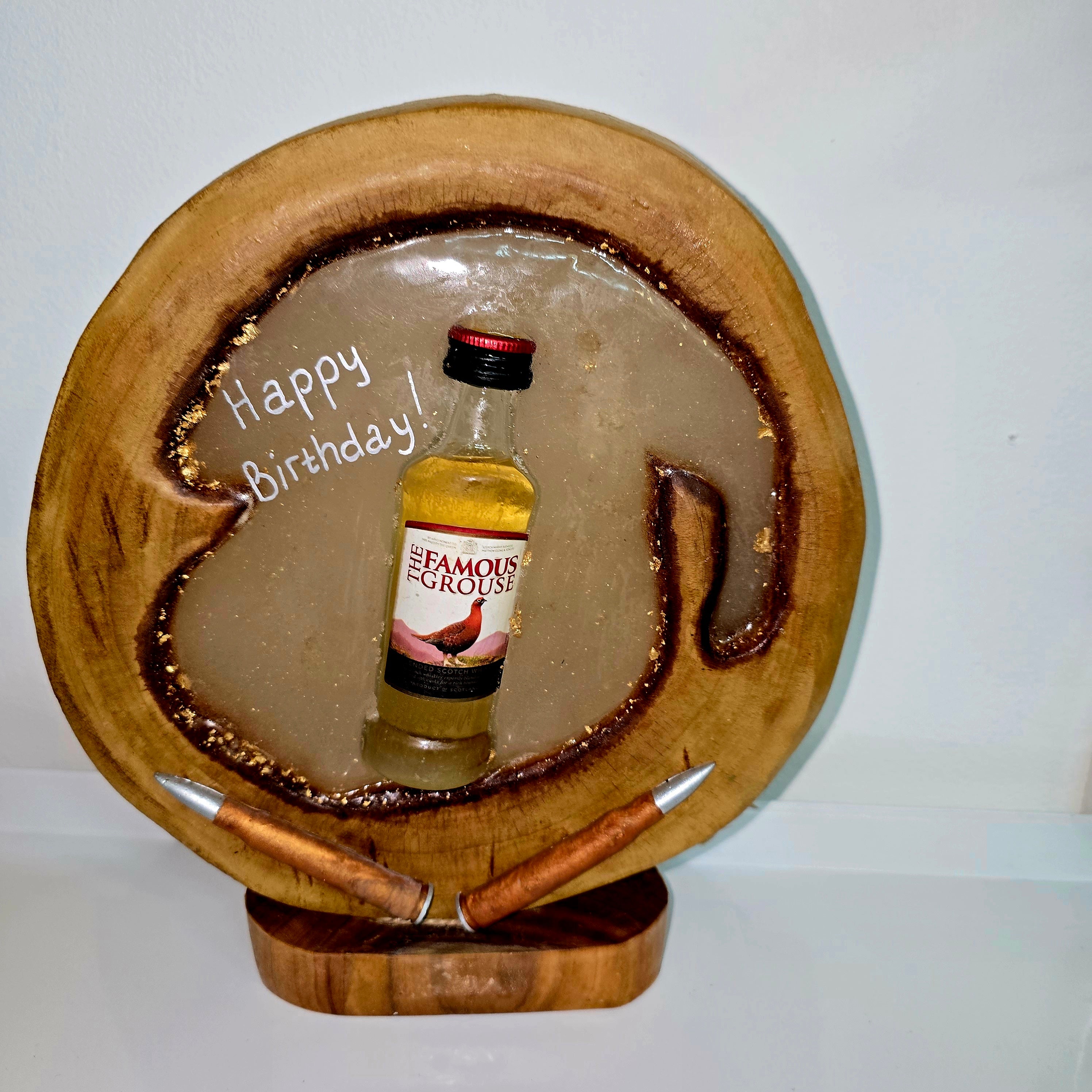 Handmade Wood & Epoxy Birthday Decor with Sealed Alcohol Bottle – Unique Display Gift (24 cm)