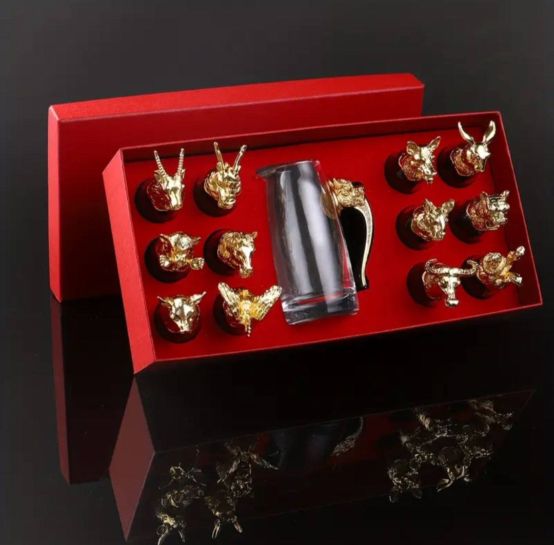 Retro Zodiac Glass Shot Set with Dragon Handle Decanter – 13 Pieces