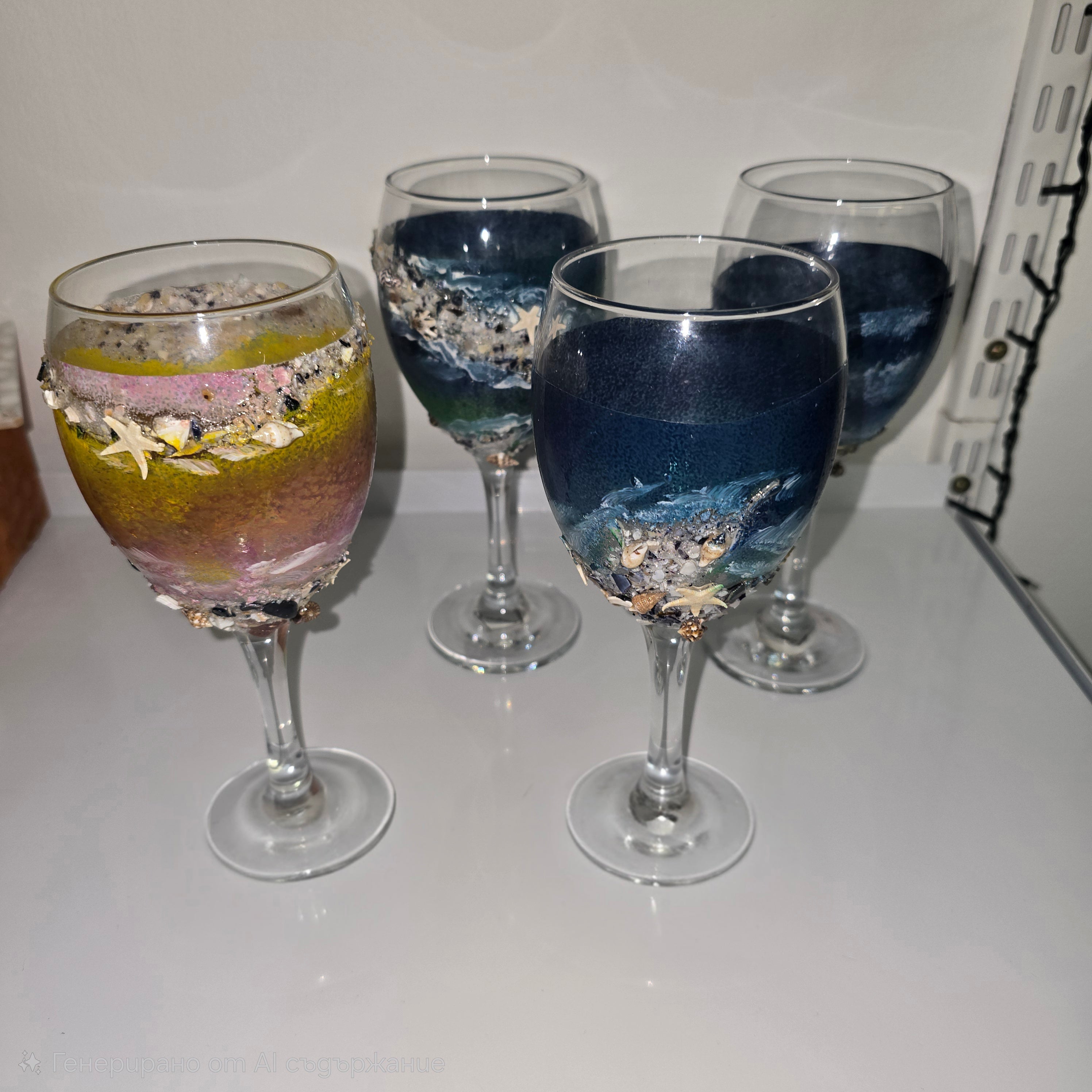 Handmade Wine Glass – Ocean Theme (Pink & Blue)