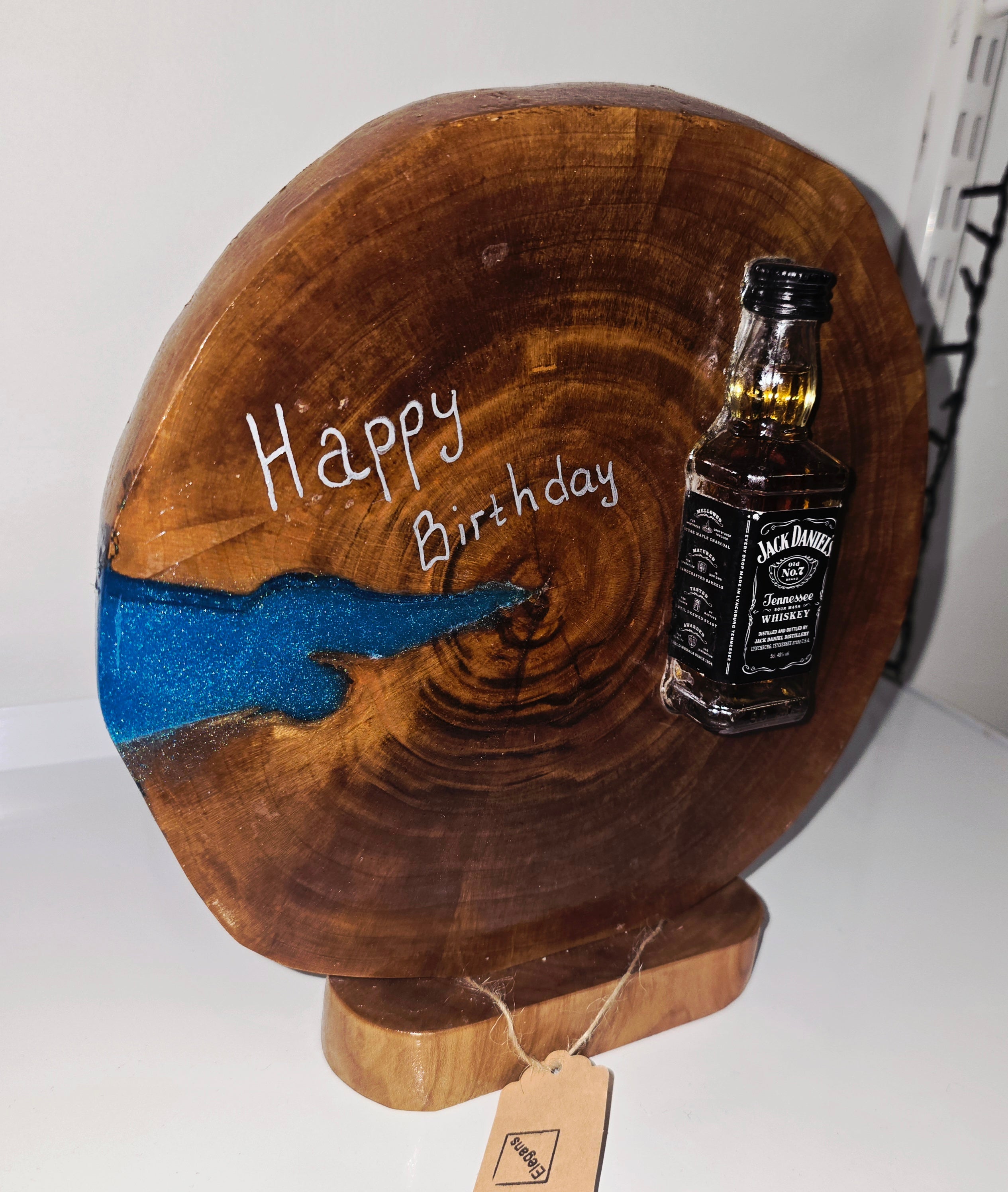 Handmade Wood & Epoxy Birthday Decor with Sealed Alcohol Bottle – Unique Display Gift (24 cm)