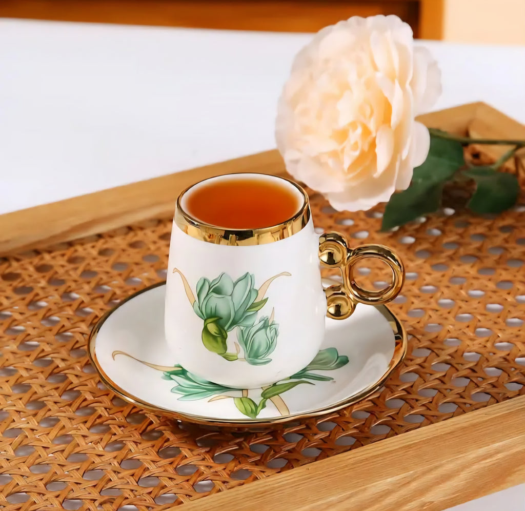 Elegant Nordic Ceramic Espresso Coffee Set – 6 Cups & 6 Saucers, Floral Design