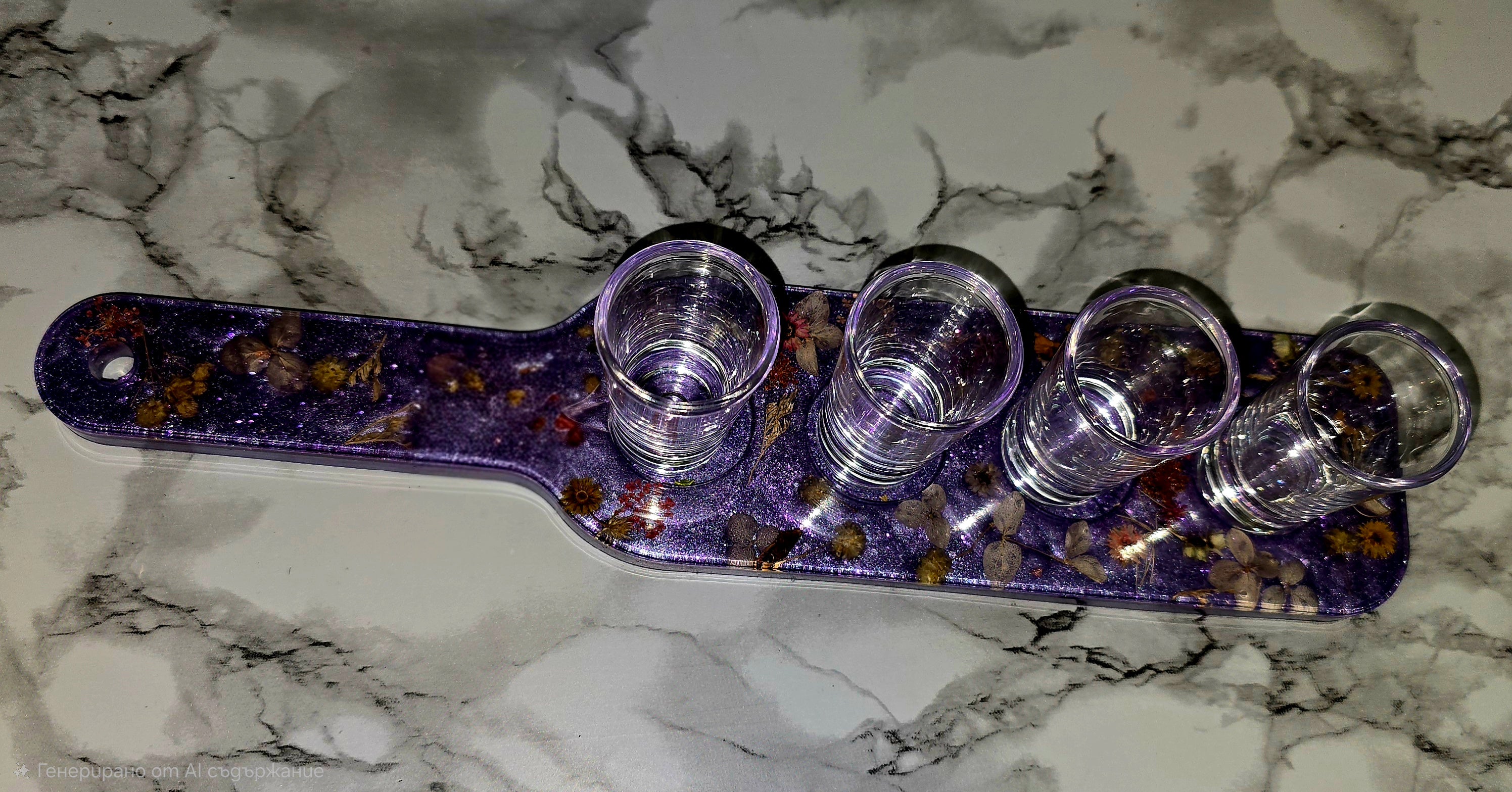 Handmade Epoxy Resin Shot Glass Holder with 4 Glass Shot Glasses – 34 cm