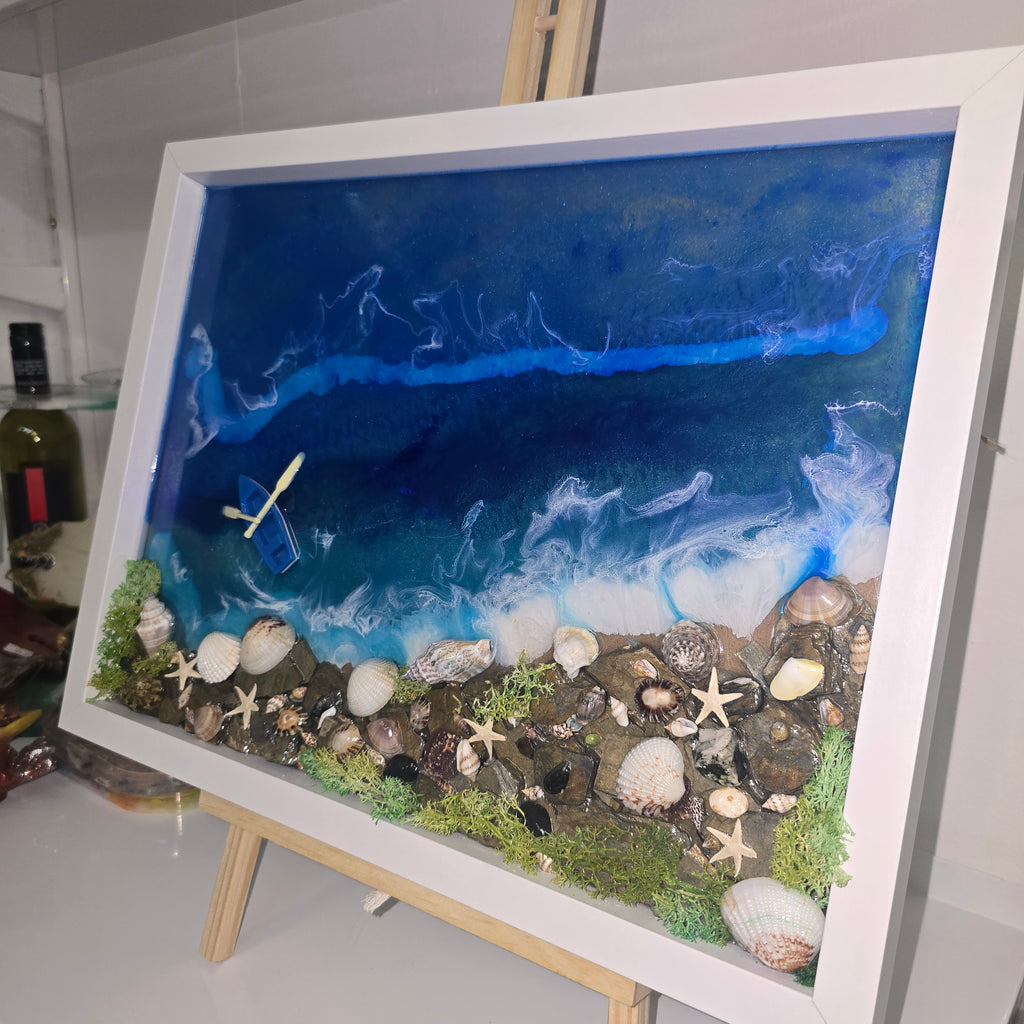 Handmade Epoxy Resin Seascape Wall Art with Natural Shells – Coastal Decor (42.5 × 33 cm)