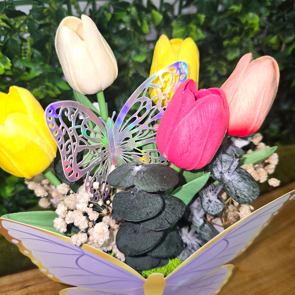 Butterfly Flower Box with Artificial Roses and Decorative Flowers