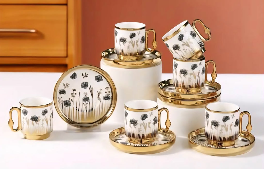 6 Cups & 6 Saucers 100ml/3.5oz Golden and White Porcelain Coffee Set