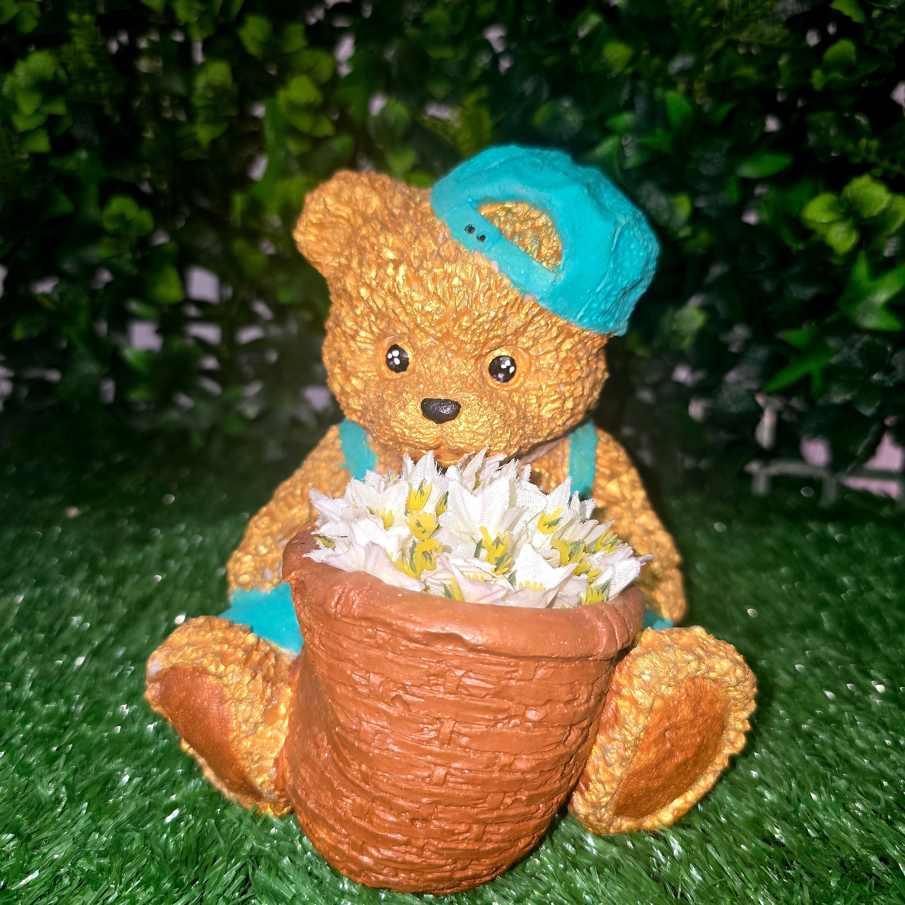 Handmade Cement Teddy Bear Planter – Moss or Artificial Flowers Variant