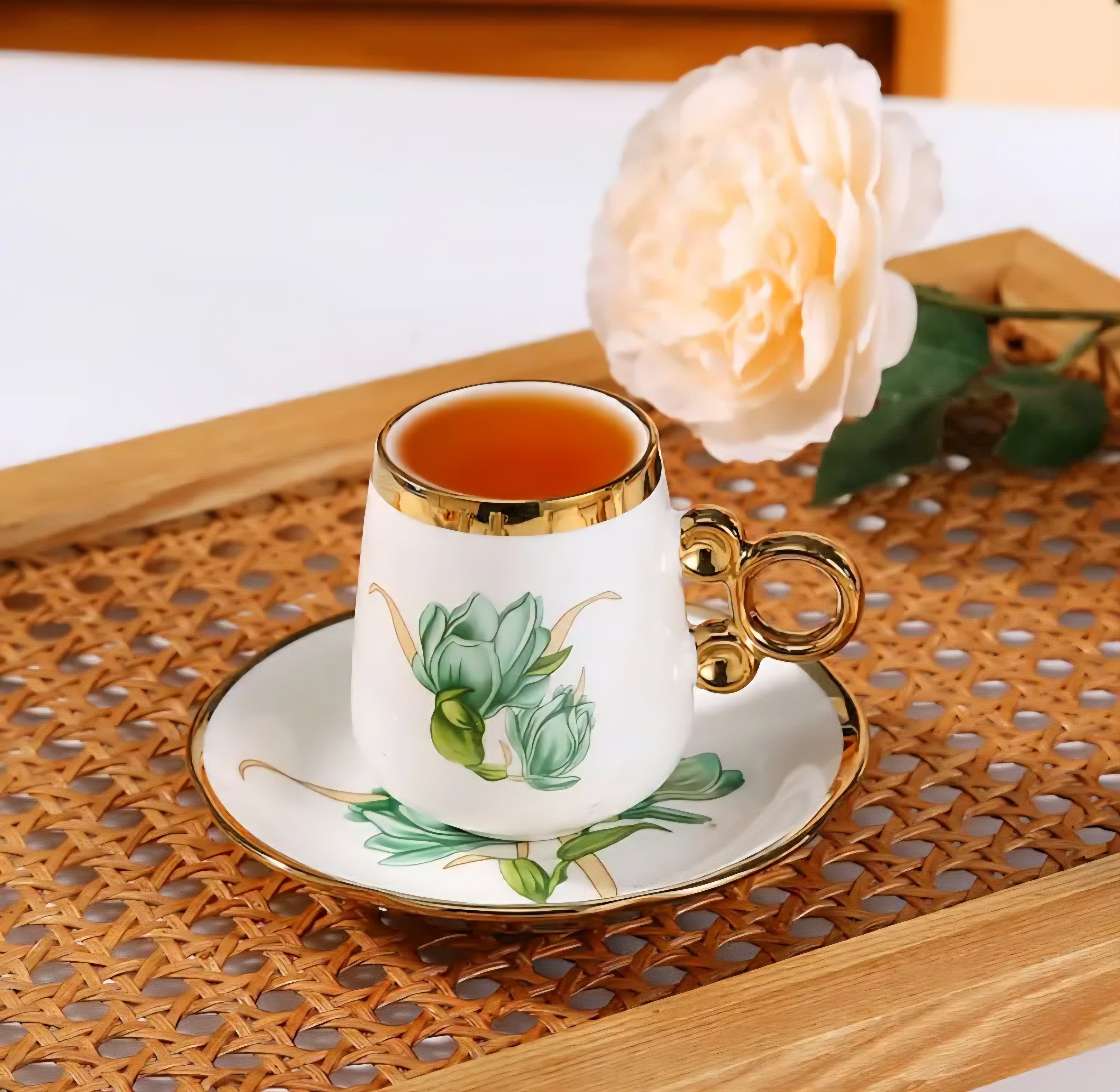 Elegant Nordic Ceramic Espresso Coffee Set – 6 Cups & 6 Saucers, Floral Design