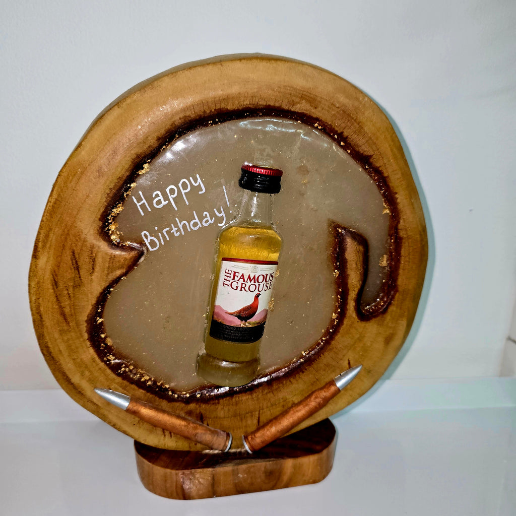 Handmade Wood & Epoxy Birthday Decor with Sealed Alcohol Bottle – Unique Display Gift (24 cm)