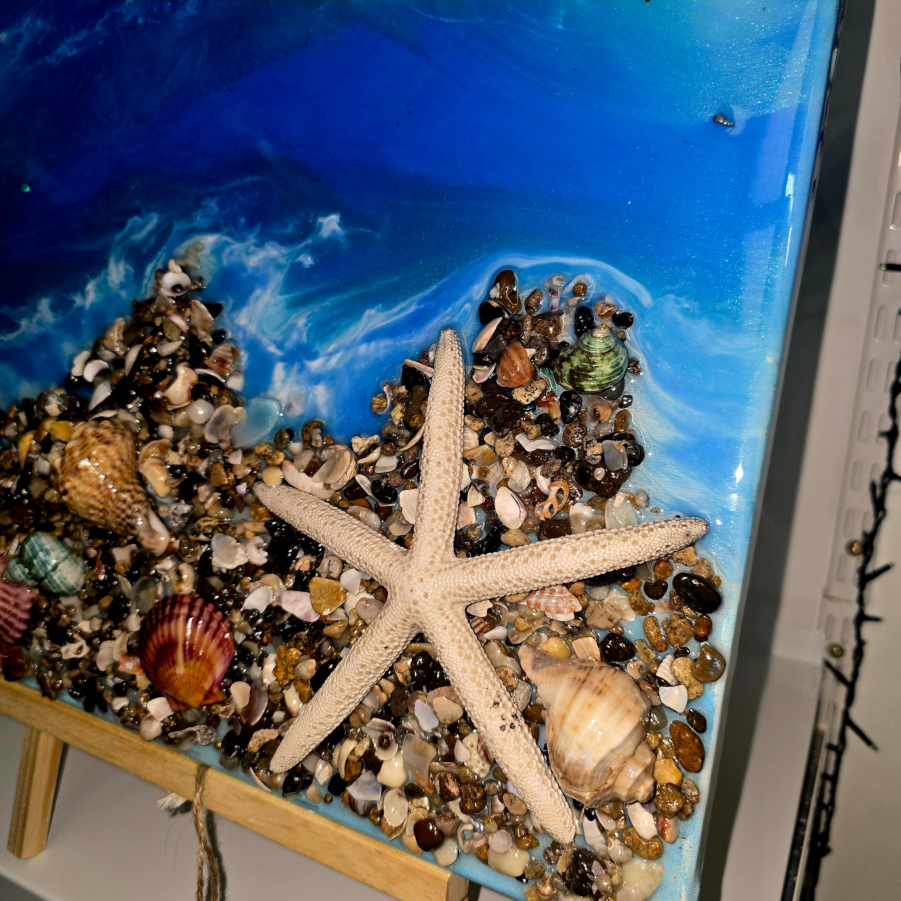 Large Handmade Epoxy Resin Ocean Wall Art with Natural Shells & Starfish – Coastal Decor (52 × 41 cm)