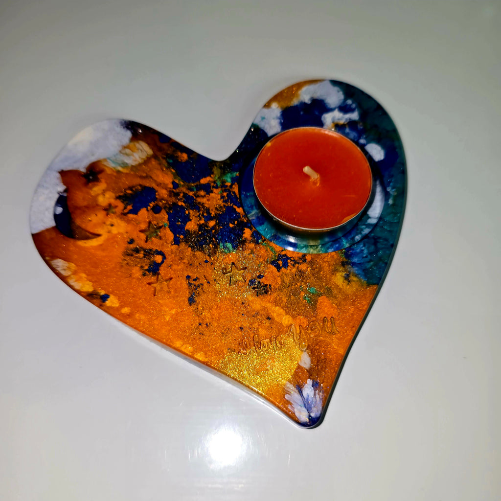 Handmade Heart-Shaped Resin Tealight Holder with “I Love You” Text – Decorative Candle Stand (13 cm)