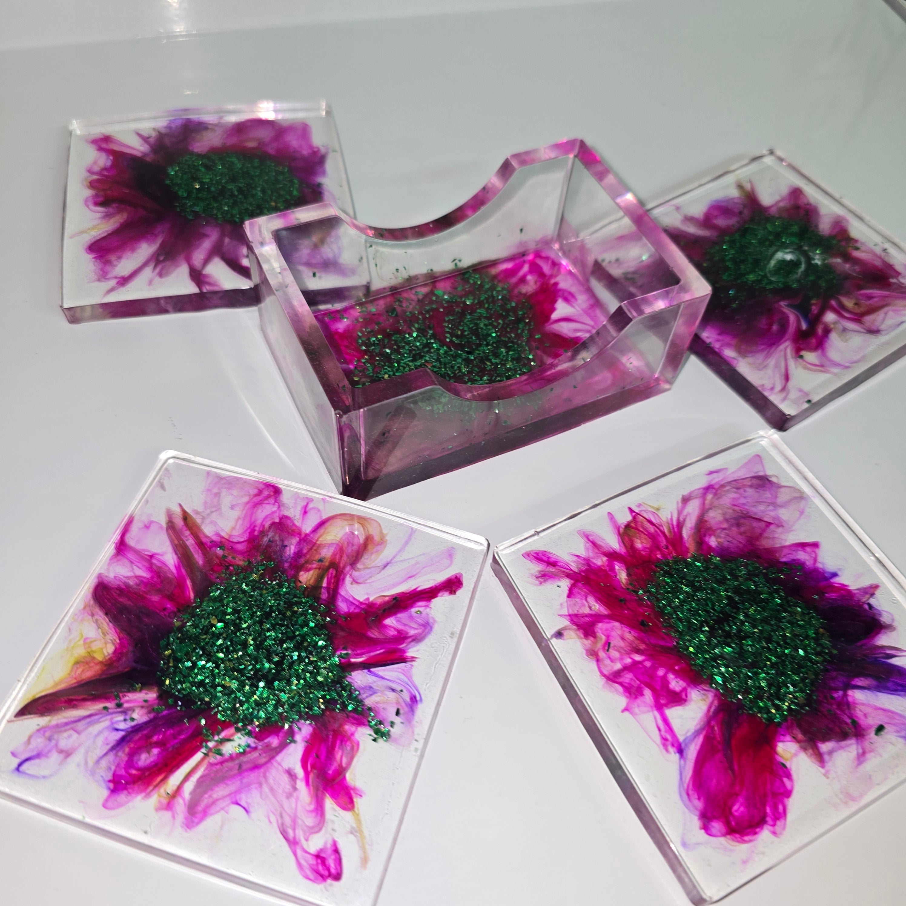 Handmade Resin Coaster Set with Holder – Ocean & Pebble Design (Set of 4)