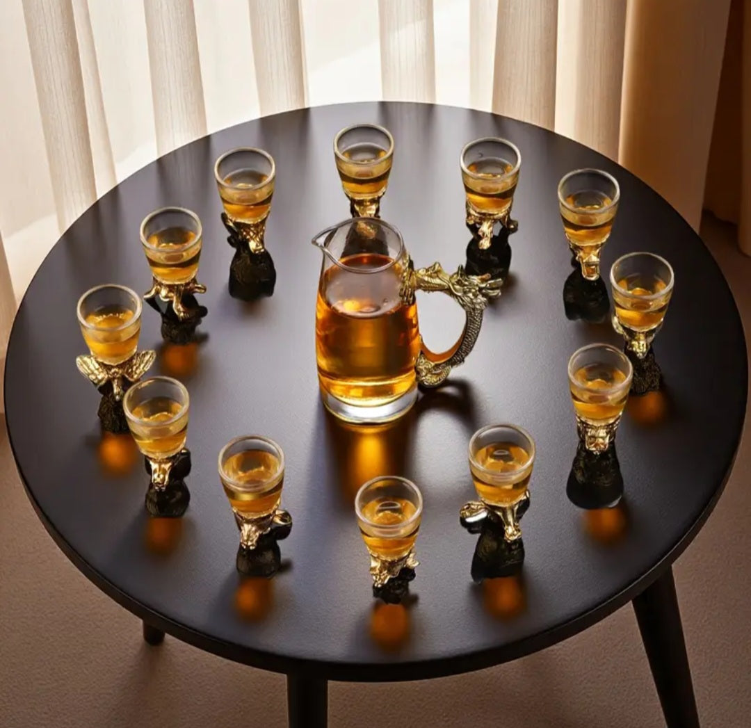 Retro Zodiac Glass Shot Set with Dragon Handle Decanter – 13 Pieces
