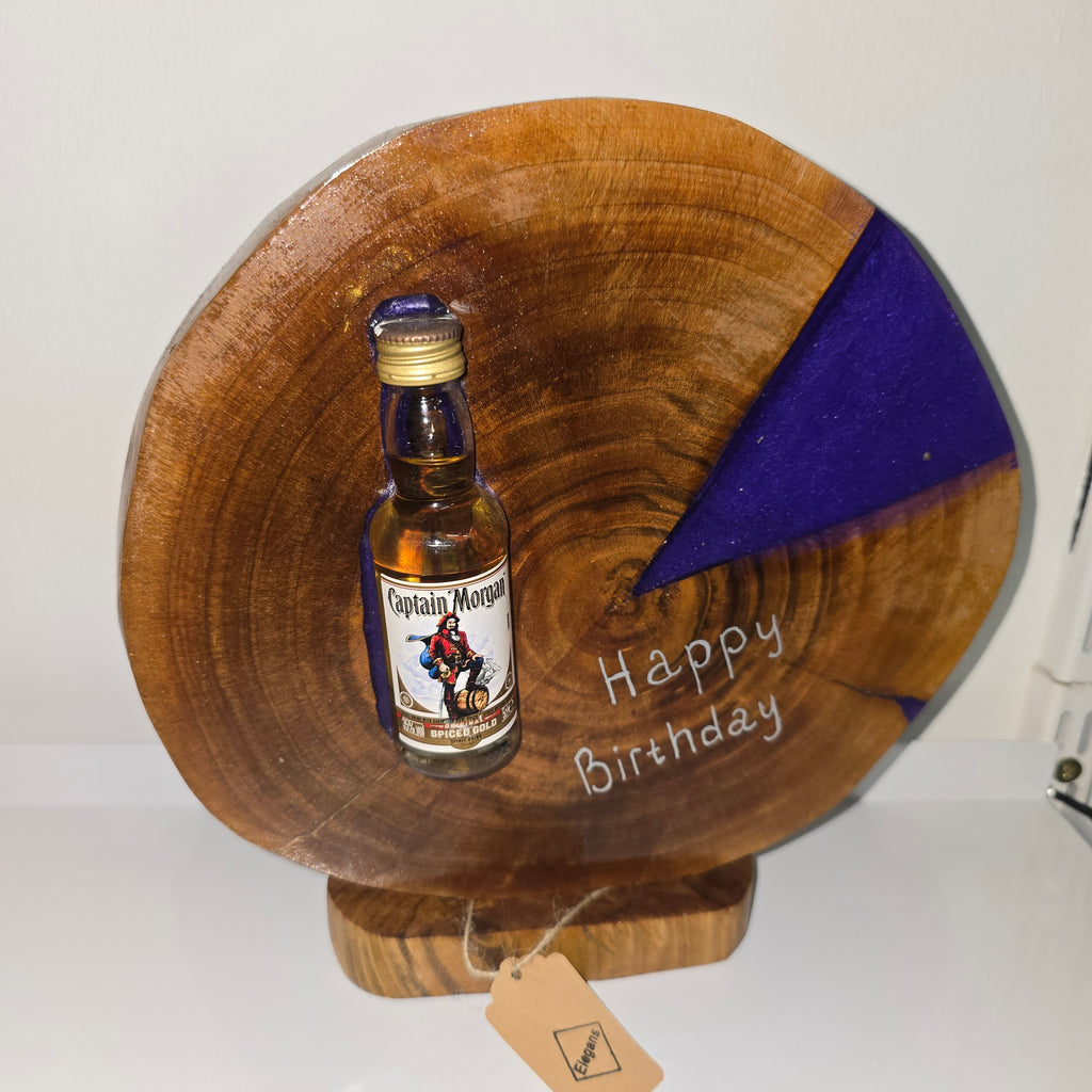 Handmade Wood & Epoxy Birthday Decor with Sealed Alcohol Bottle – Unique Display Gift (24 cm)