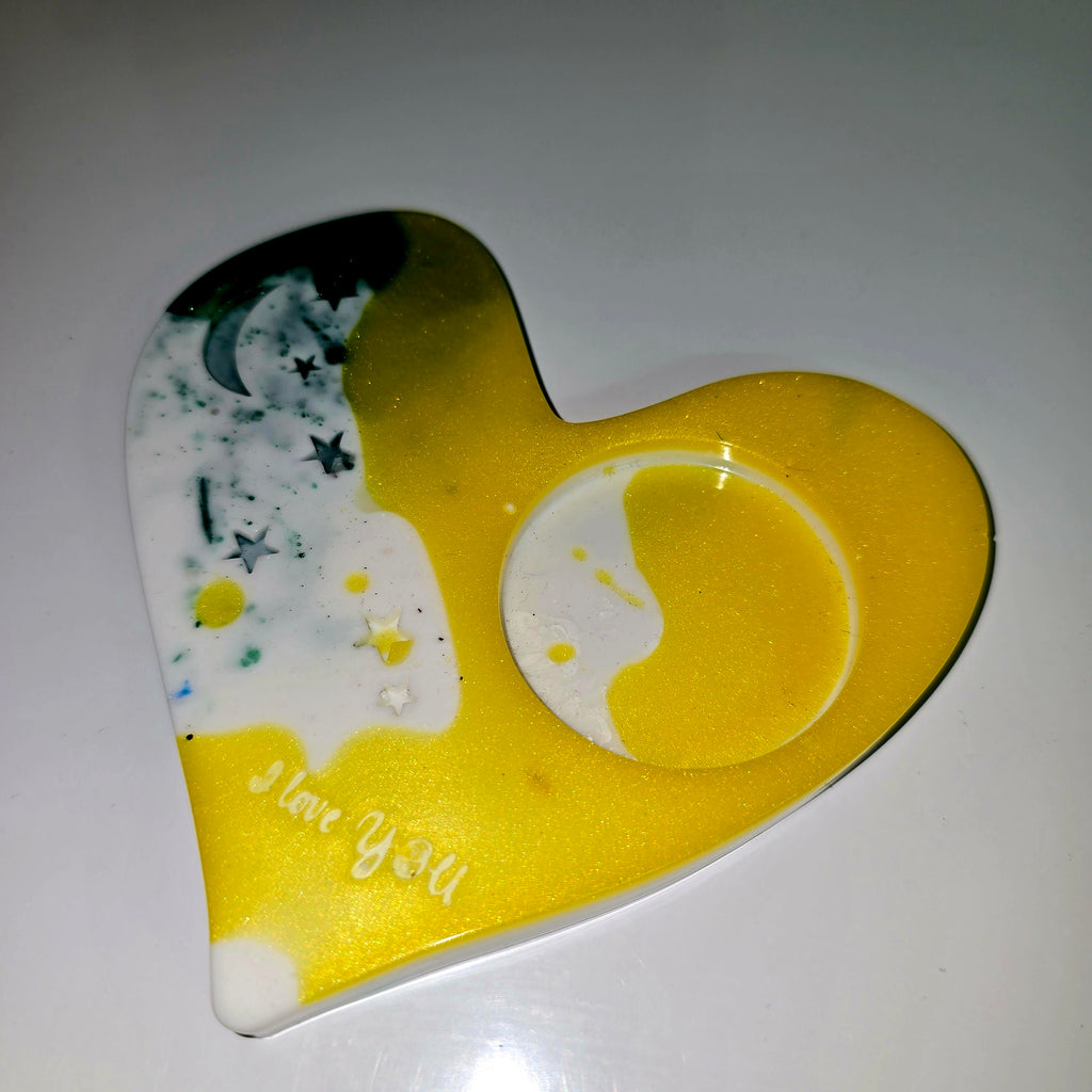 Handmade Heart-Shaped Resin Tealight Holder with “I Love You” Text – Decorative Candle Stand (13 cm)
