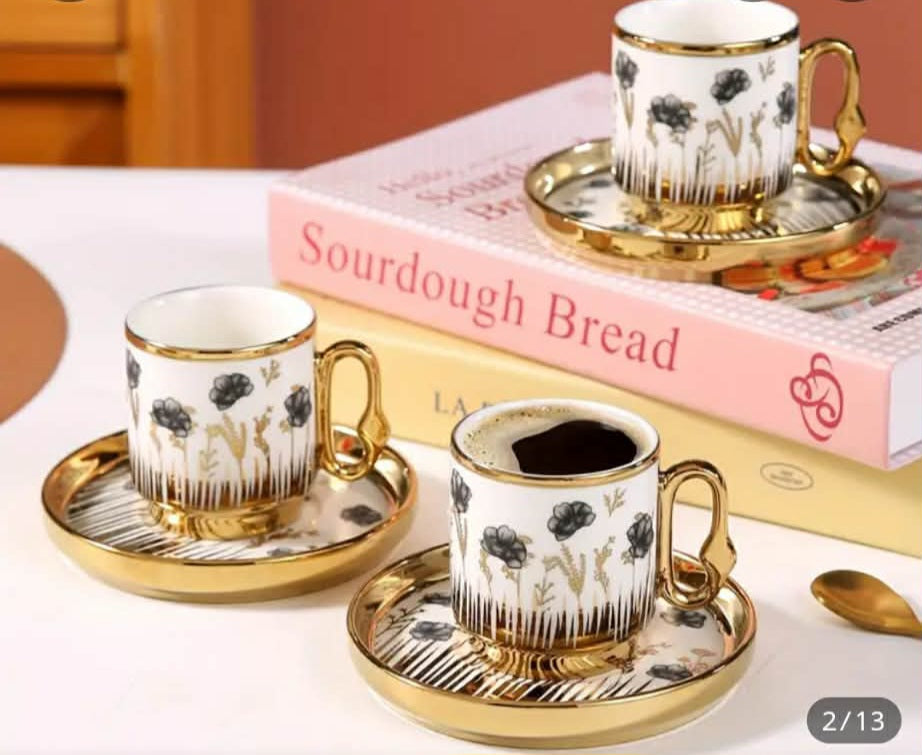 6 Cups & 6 Saucers 100ml/3.5oz Golden and White Porcelain Coffee Set