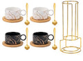 Ceramic Coffee Cup Set with Saucer, Spoon & Gold Stand – Black & White (Set of 4)