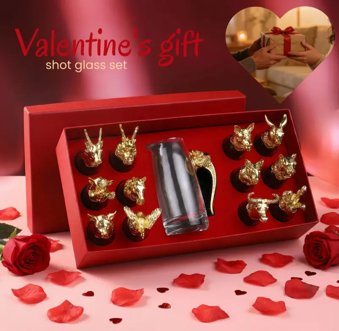 Retro Zodiac Glass Shot Set with Dragon Handle Decanter – 13 Pieces