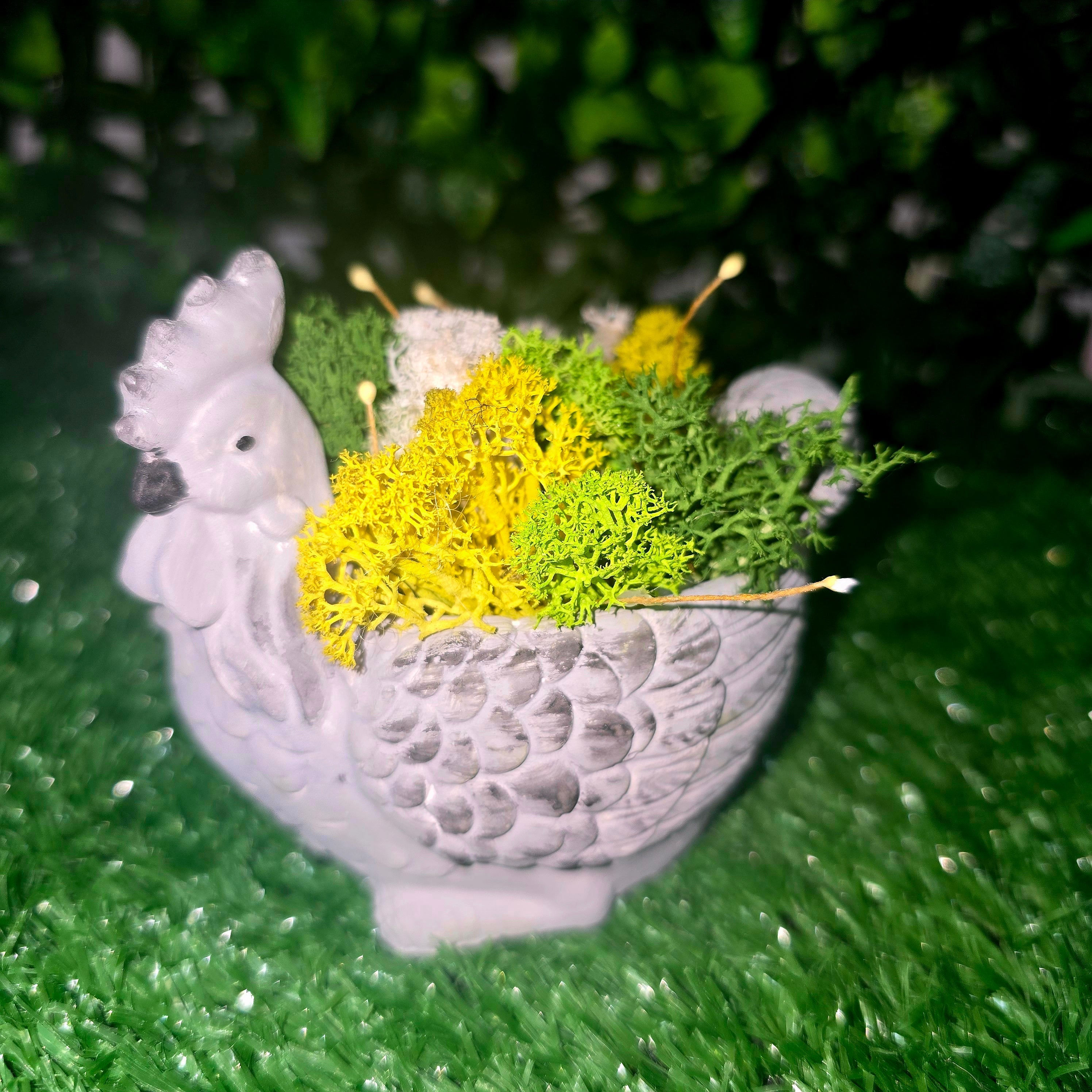 Handmade Concrete Rooster Planter with Natural Scandinavian Moss