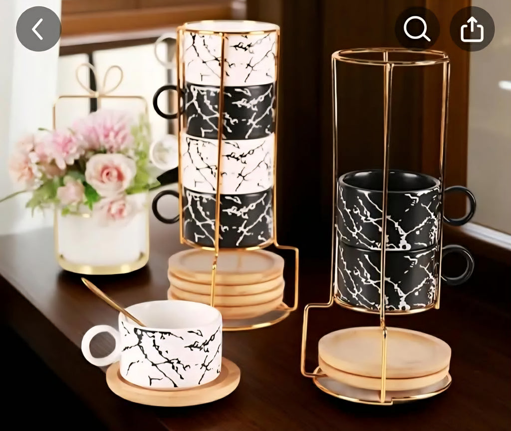 Ceramic Coffee Cup Set with Saucer, Spoon & Gold Stand – Black & White (Set of 4)