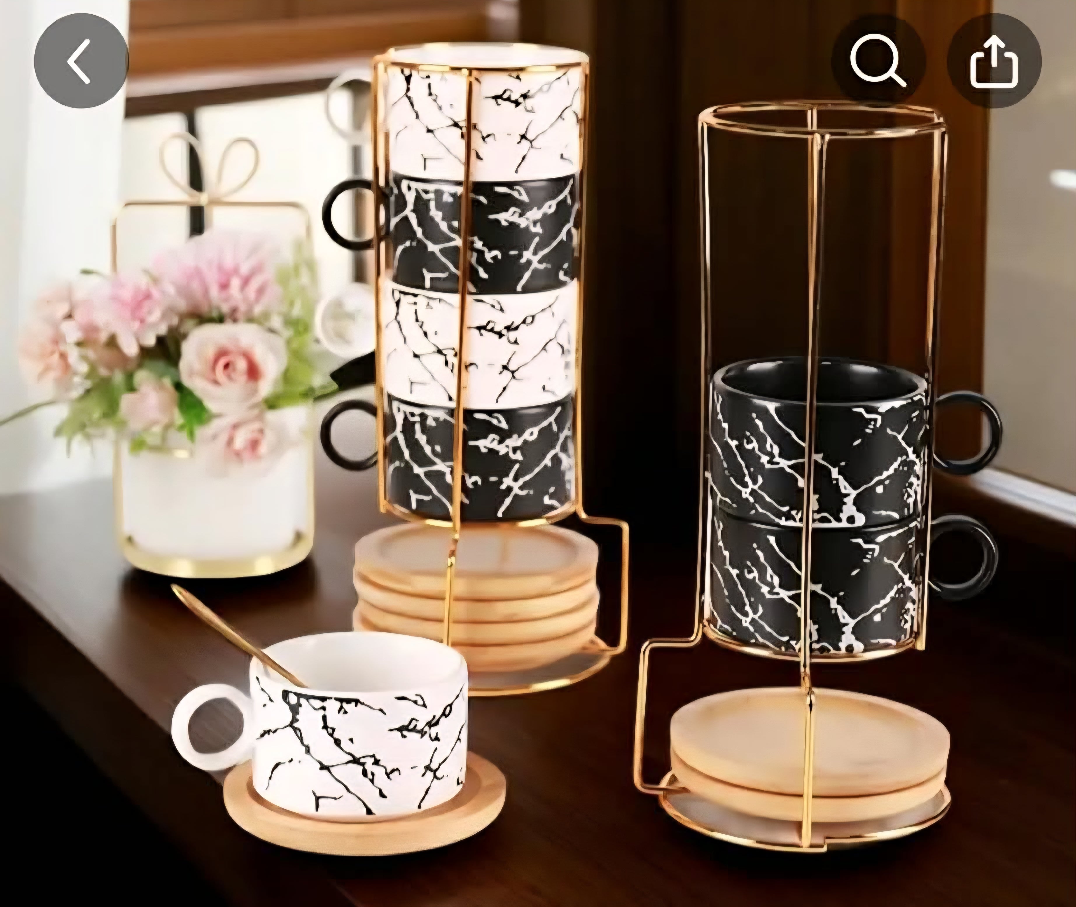 Ceramic Coffee Cup Set with Saucer, Spoon & Gold Stand – Black & White (Set of 4)