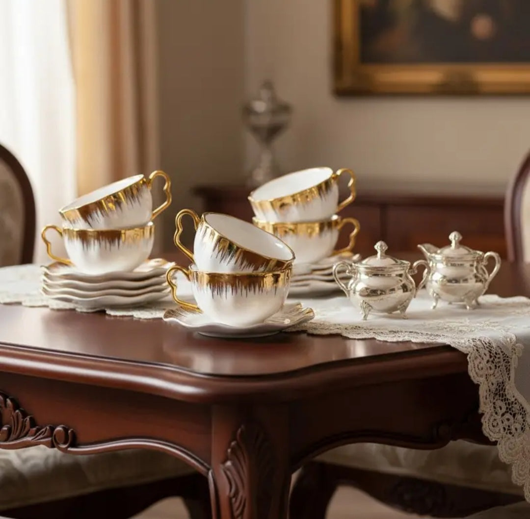 Luxury Bone China Coffee Cup & Saucer Set – Gold Detail, Set of 6