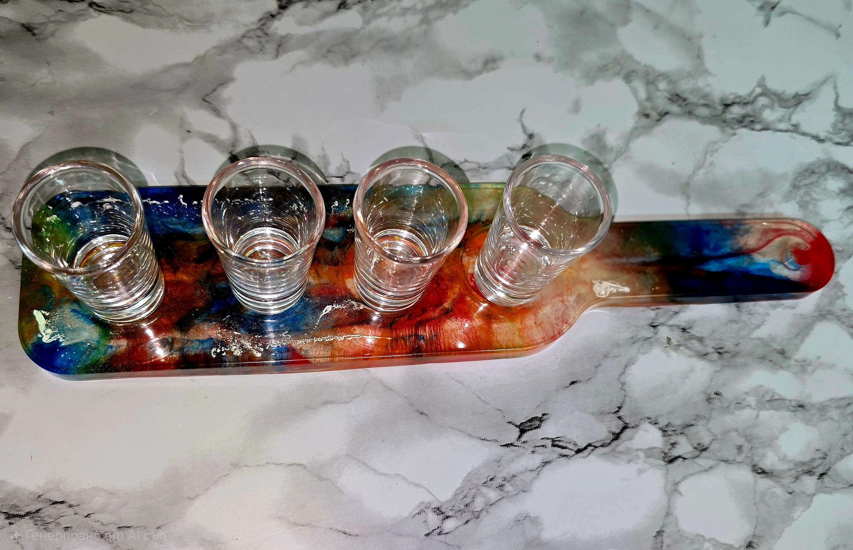 Handmade Epoxy Resin Shot Glass Holder with 4 Glass Shot Glasses – 34 cm