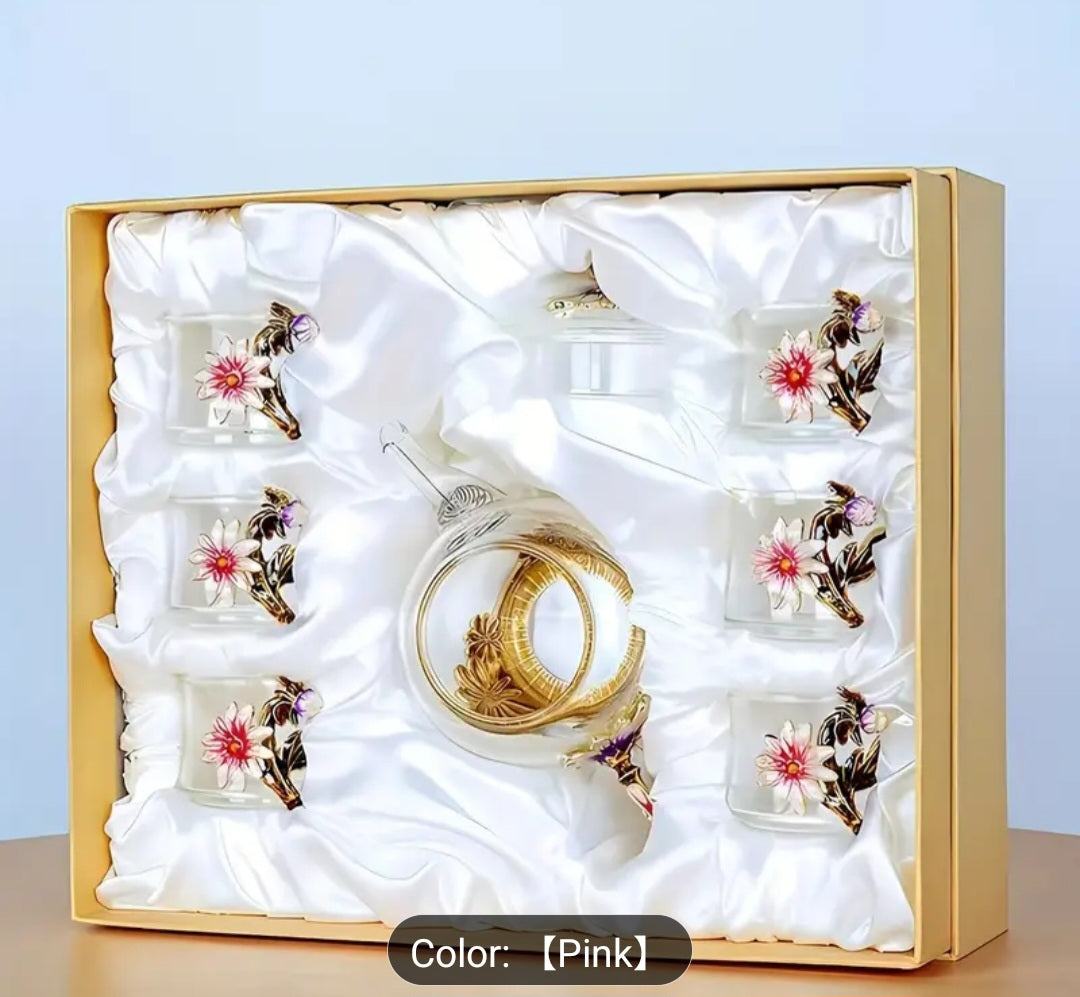 Luxury Glass Tea & Coffee Set with Floral Design- pink