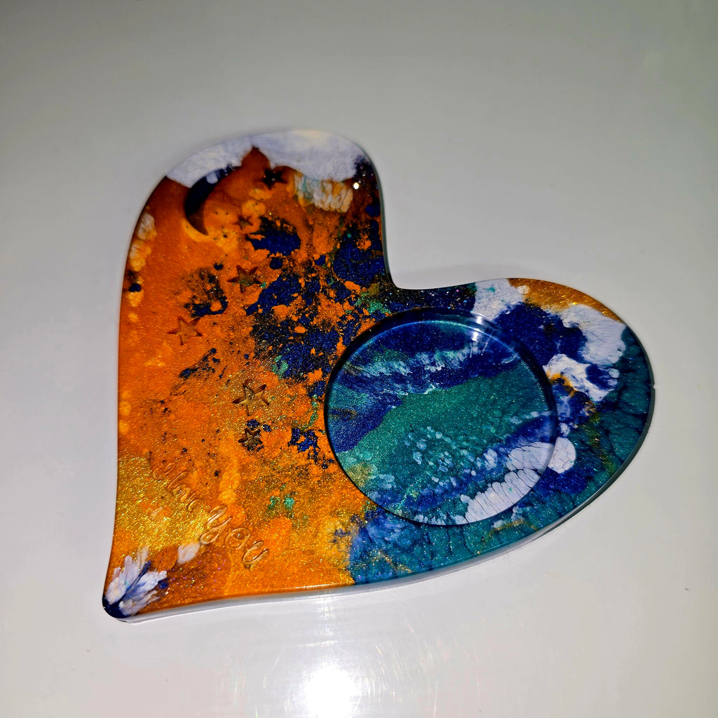 Handmade Heart-Shaped Resin Tealight Holder with “I Love You” Text – Decorative Candle Stand (13 cm)