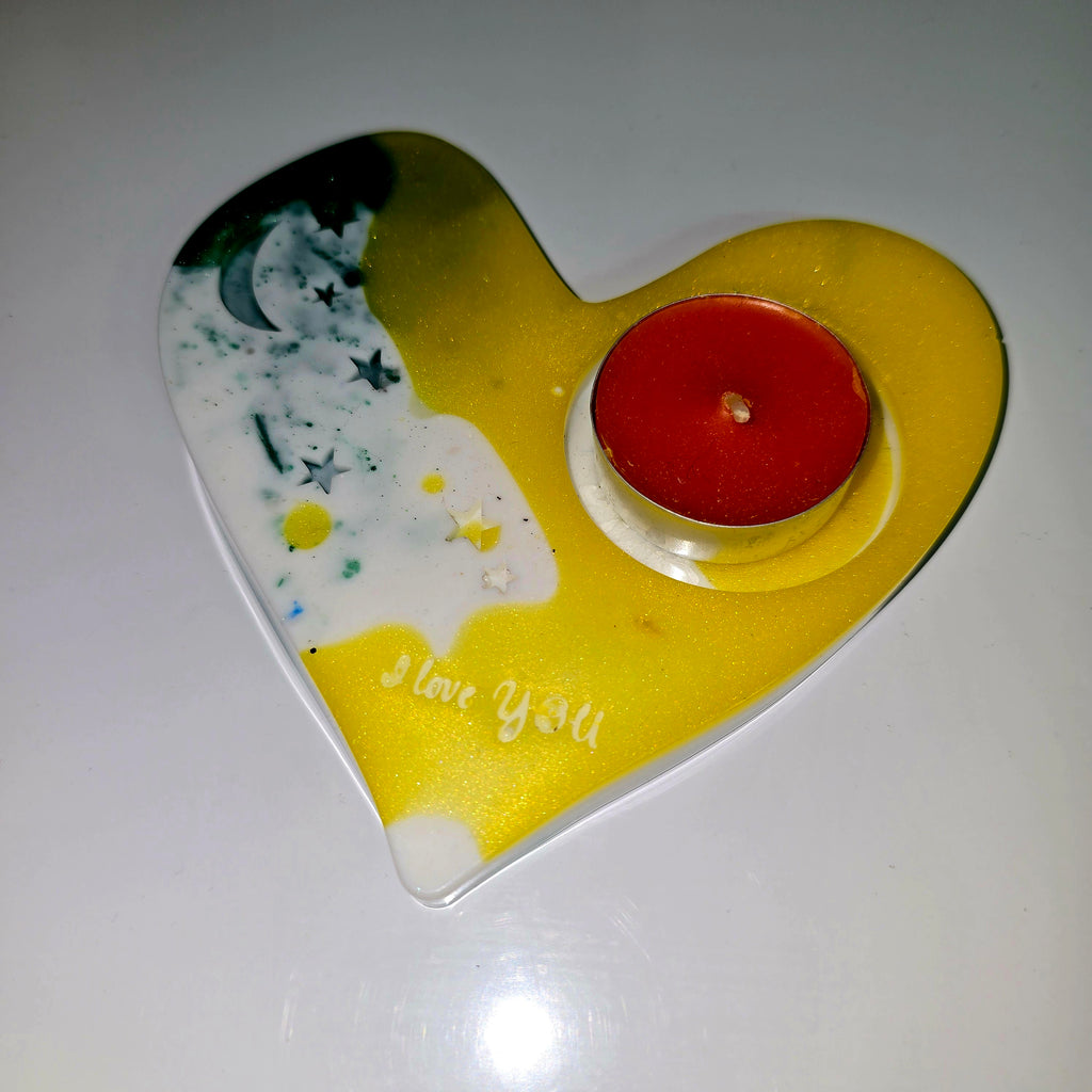 Handmade Heart-Shaped Resin Tealight Holder with “I Love You” Text – Decorative Candle Stand (13 cm)