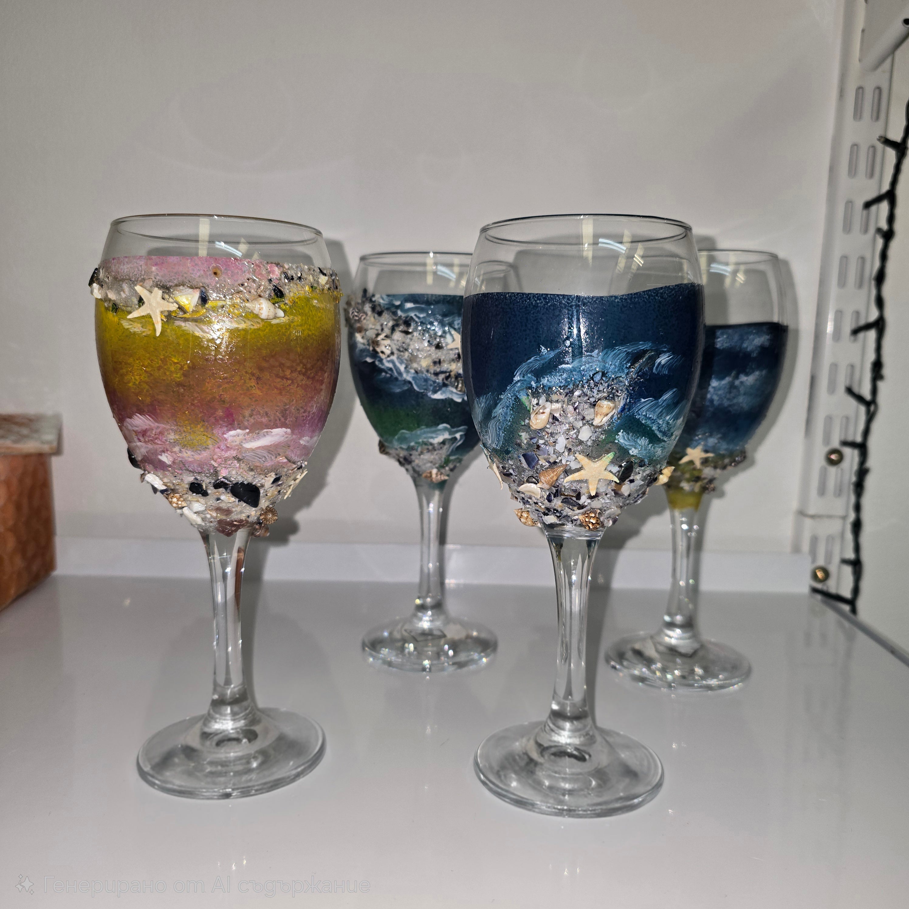 Handmade Wine Glass – Ocean Theme (Pink & Blue)
