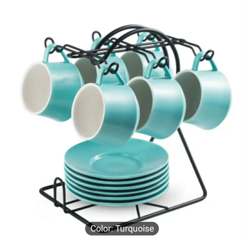 Turquoise Porcelain Espresso Cup Set with Saucers & Metal Stand – Set of 6 (4oz)