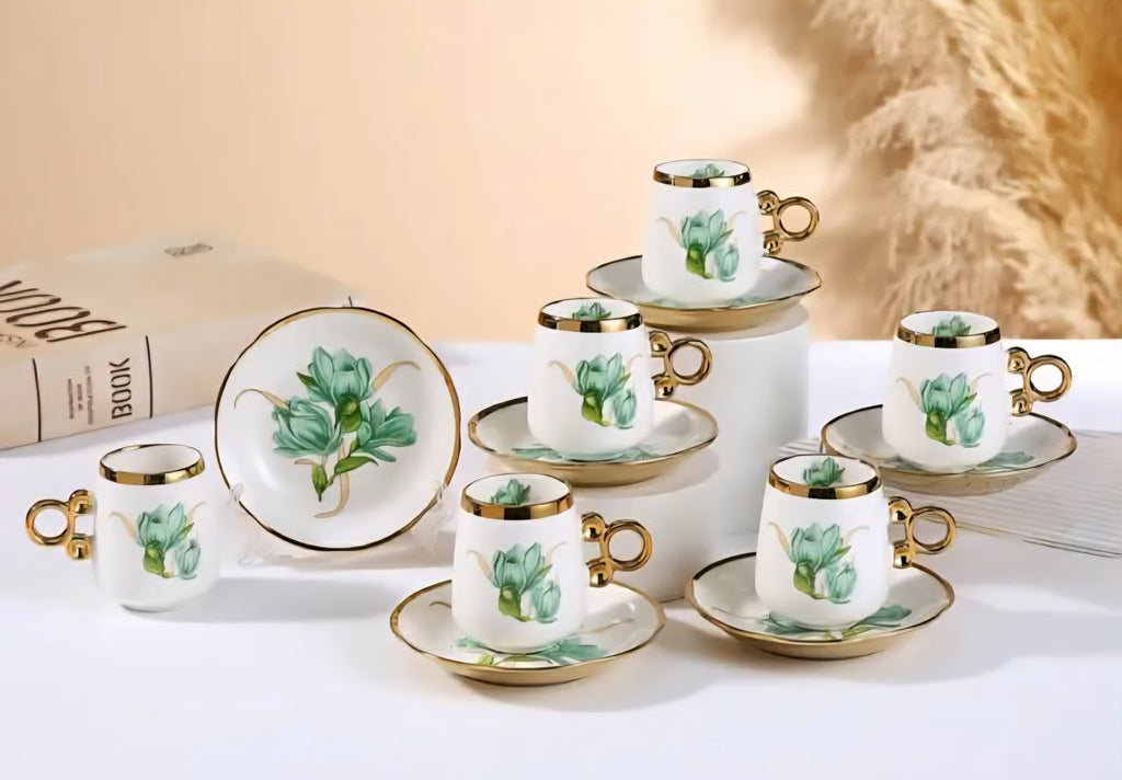 Elegant Nordic Ceramic Espresso Coffee Set – 6 Cups & 6 Saucers, Floral Design
