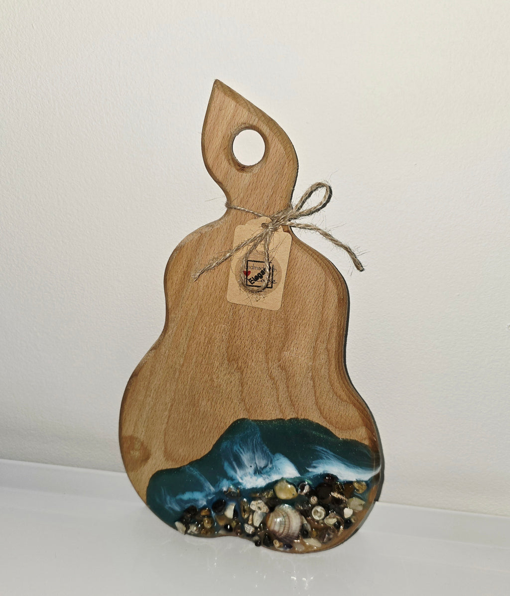 🌊 Handmade Wooden Serving Board with Resin Art – Ocean Style Design (29 × 16 cm)