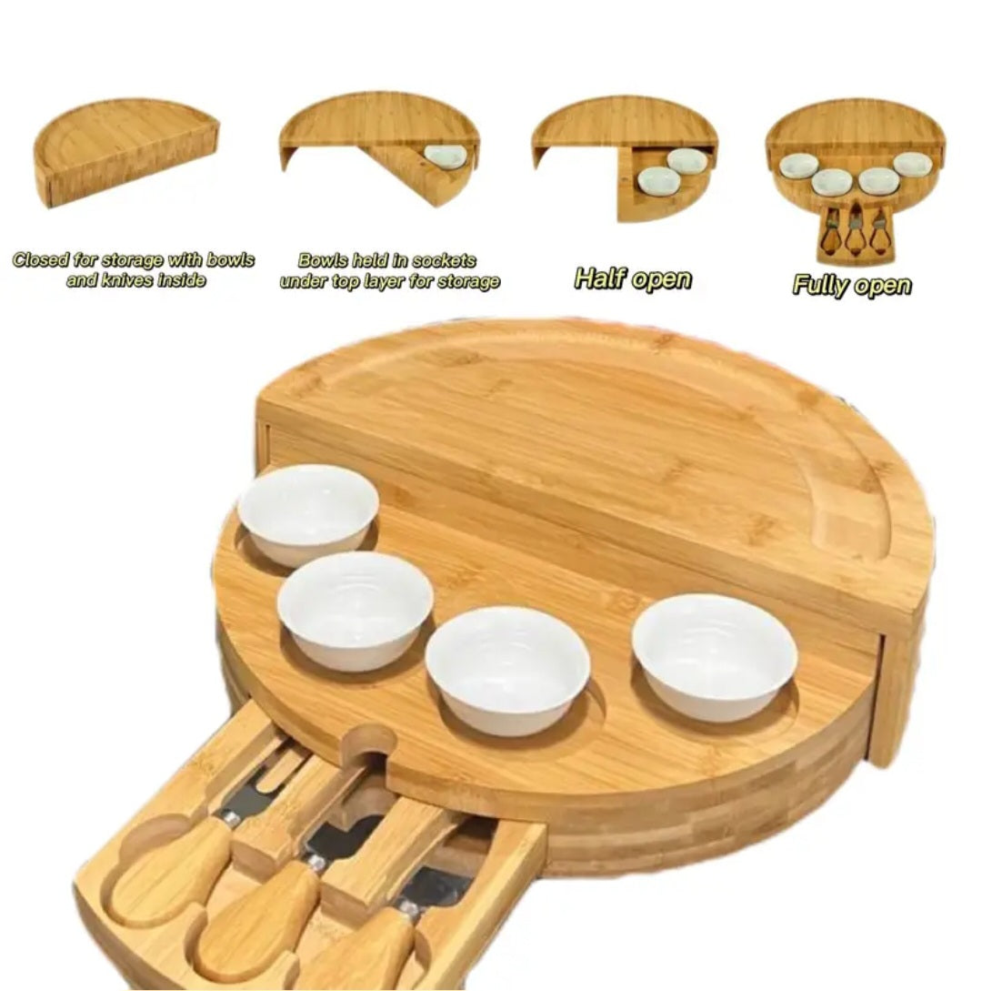 Foldable Bamboo Cheese Board Set with Bowls & Knives