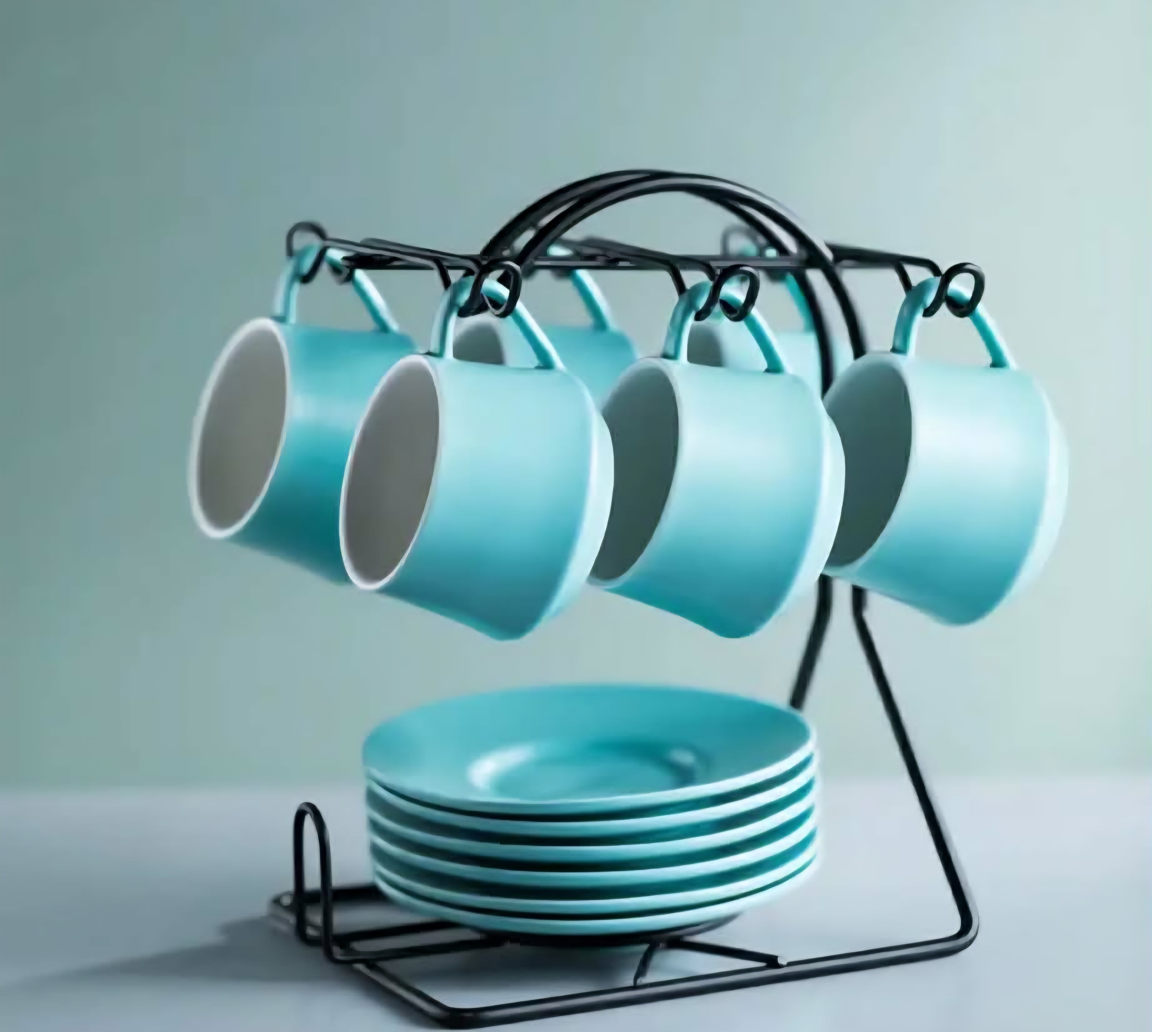 Turquoise Porcelain Espresso Cup Set with Saucers & Metal Stand – Set of 6 (4oz)