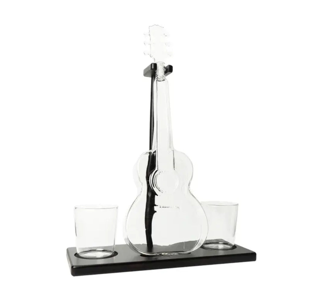 Glass Guitar Decanter Set with 2 Tumblers & Display Stand