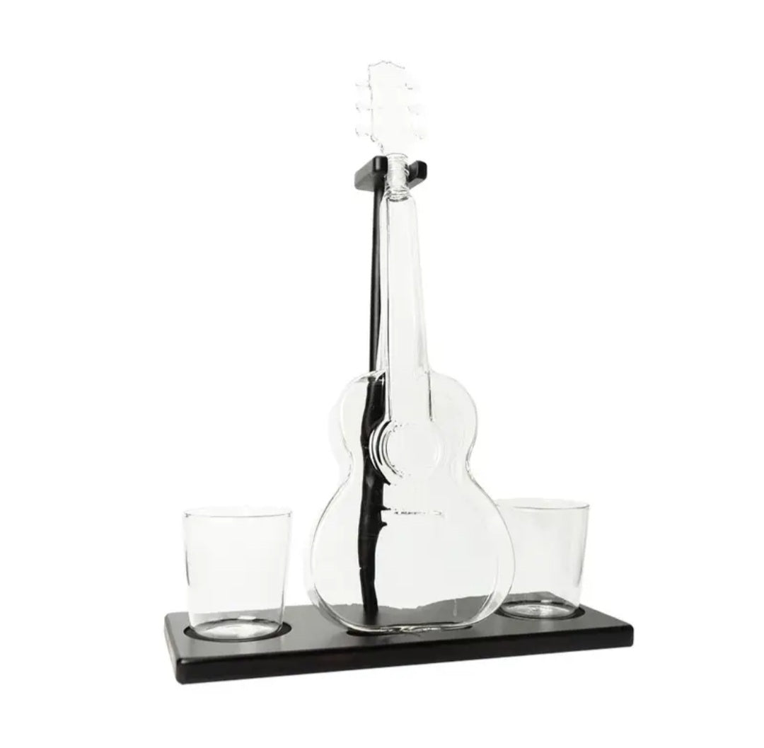 Glass Guitar Decanter Set with 2 Tumblers & Display Stand