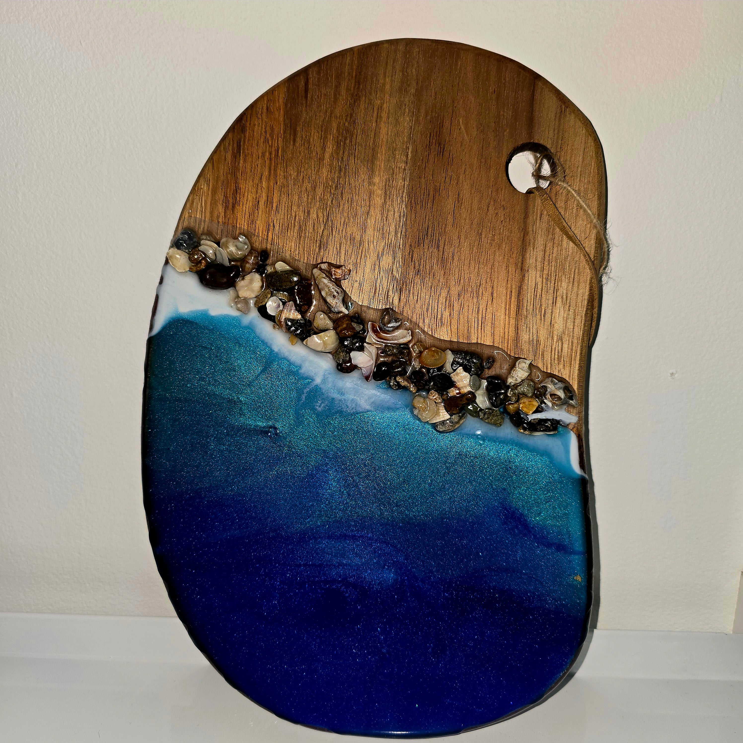 🌊 Handmade Wooden Serving Board with Resin Art – Ocean Style Design (30 × 20 cm)
