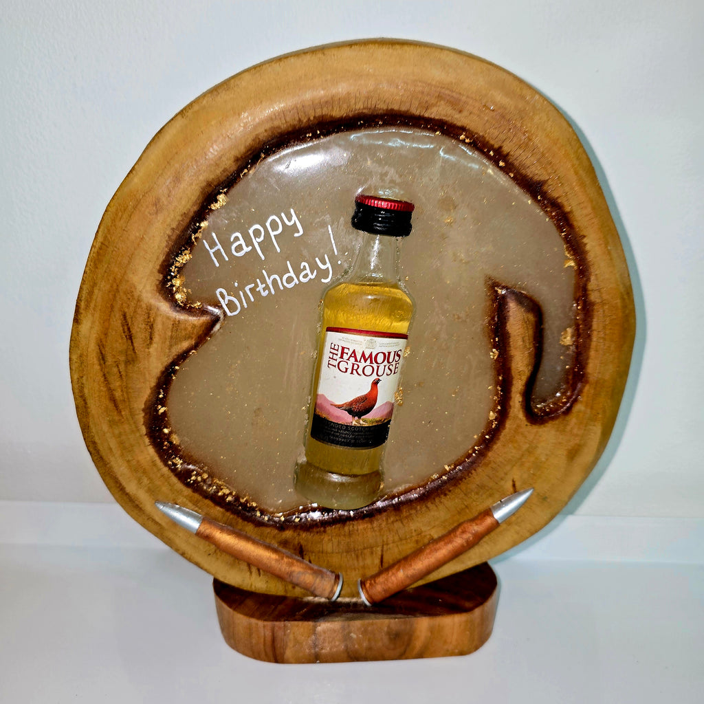 Handmade Wood & Epoxy Birthday Decor with Sealed Alcohol Bottle – Unique Display Gift (24 cm)