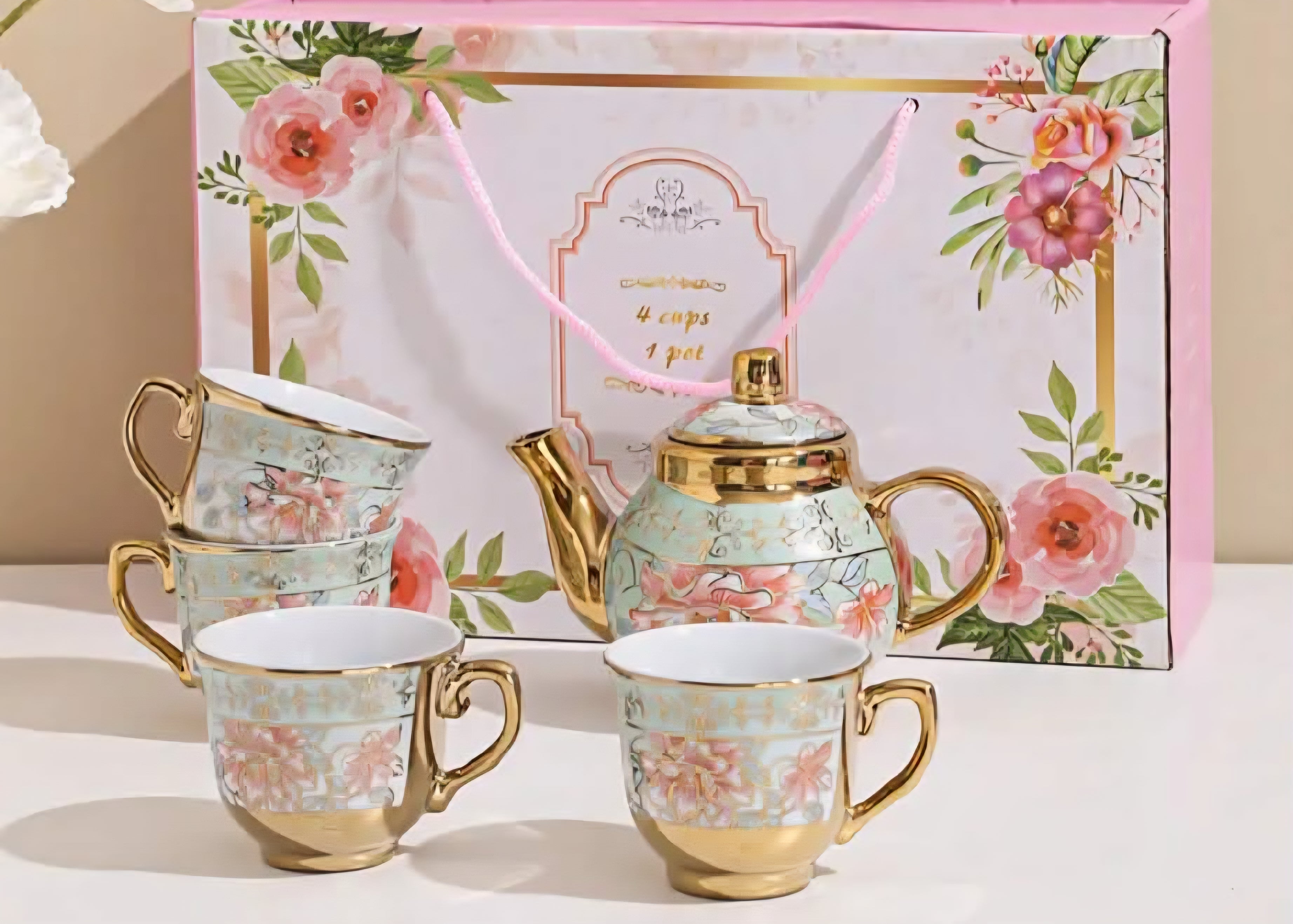 Ceramic Teapot & 4 Cups Set – Green Floral with Gold Trim