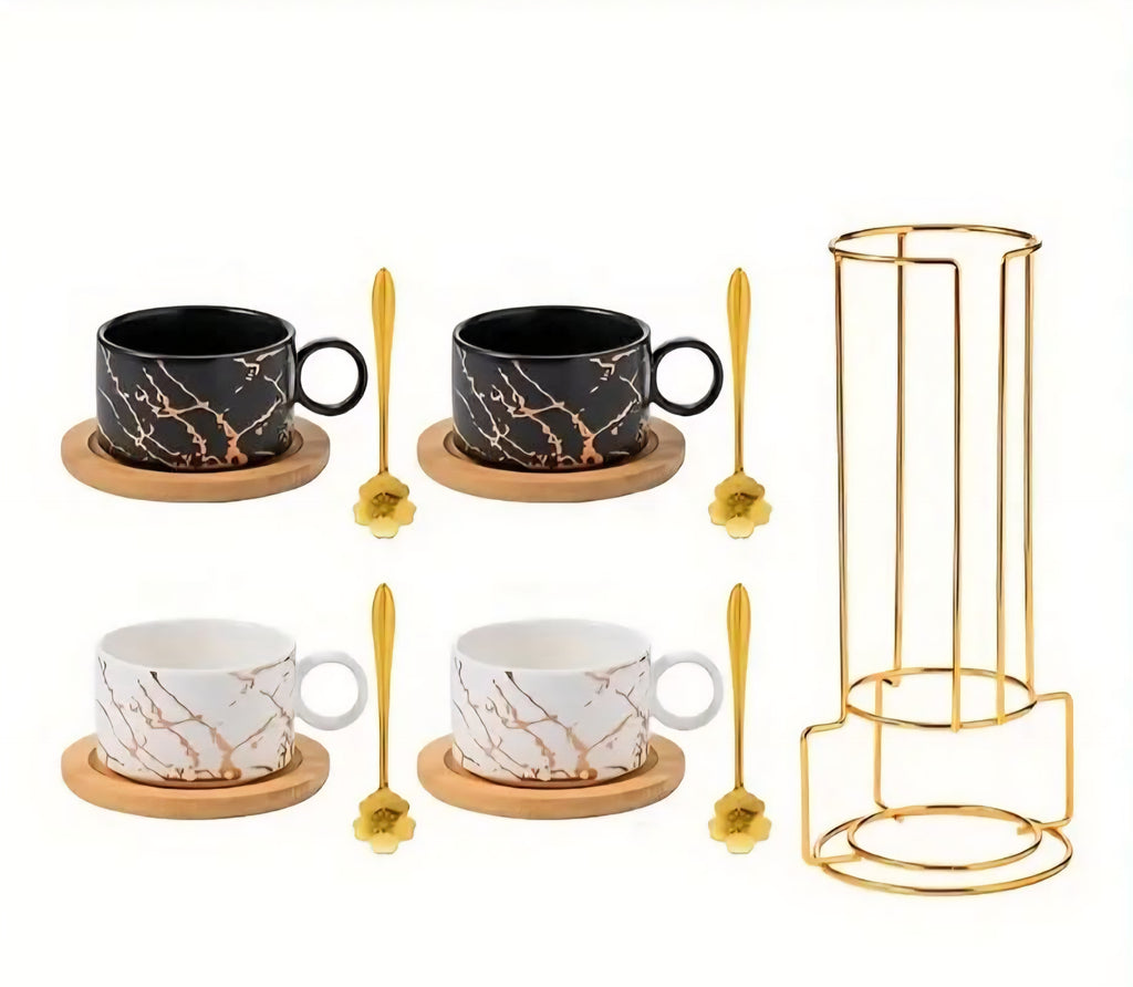 Ceramic Coffee Cup Set with Saucer, Spoon & Gold Stand – Black & White (Set of 4)