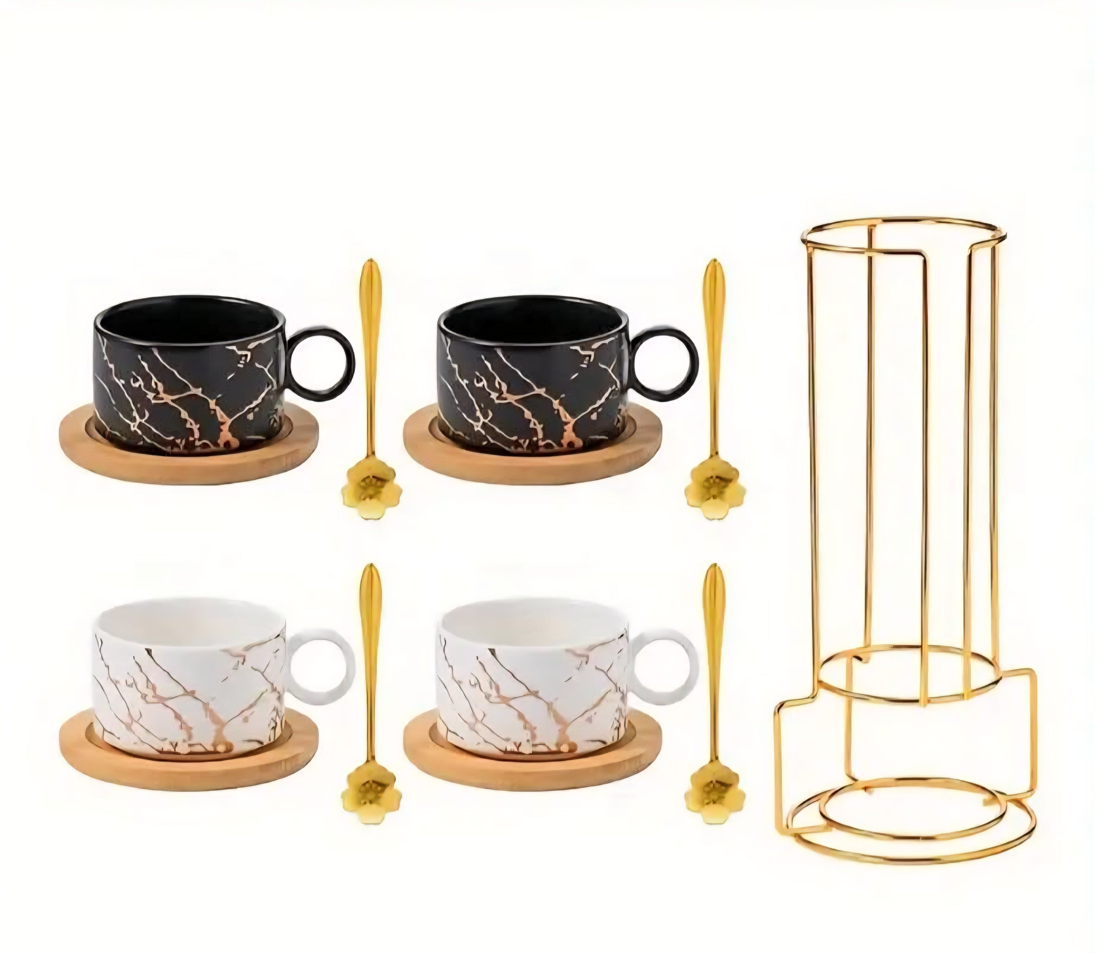 Ceramic Coffee Cup Set with Saucer, Spoon & Gold Stand – Black & White (Set of 4)