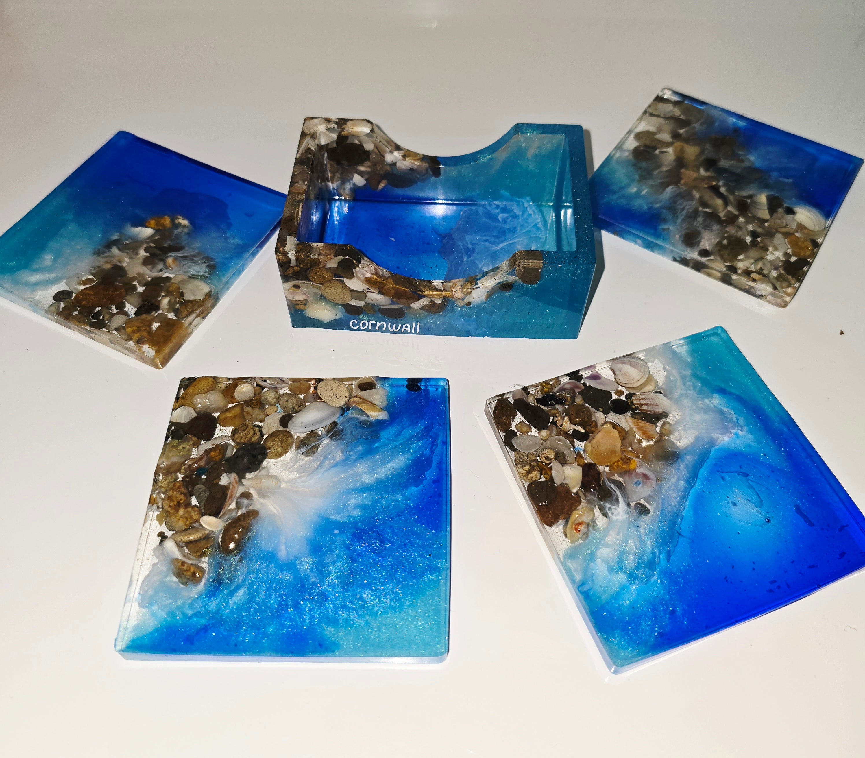 Handmade Resin Coaster Set with Holder – Ocean & Pebble Design (Set of 4)