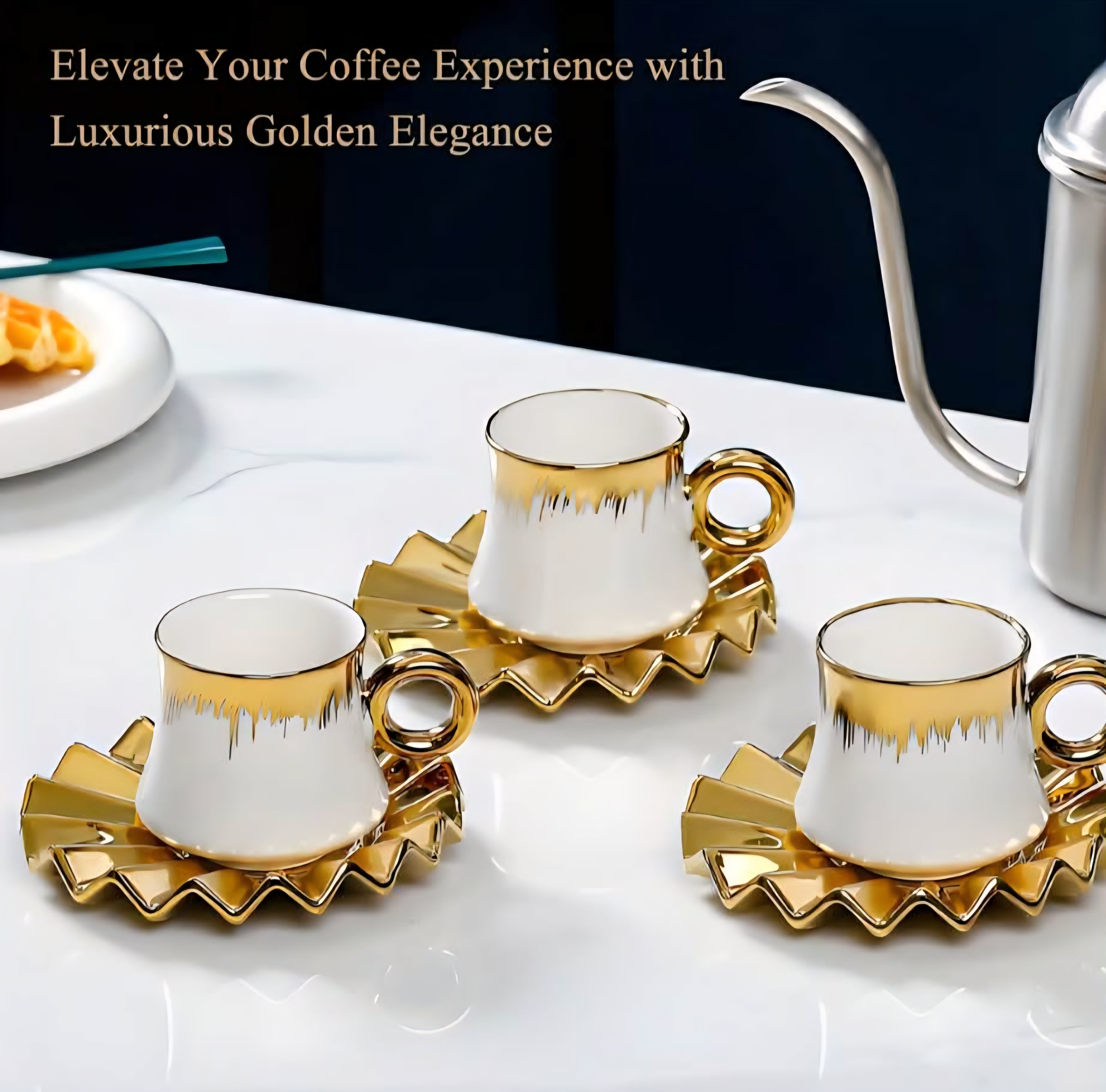 Luxury Ceramic Espresso Cup Set – White & Gold Design, 6 Cups with Saucers